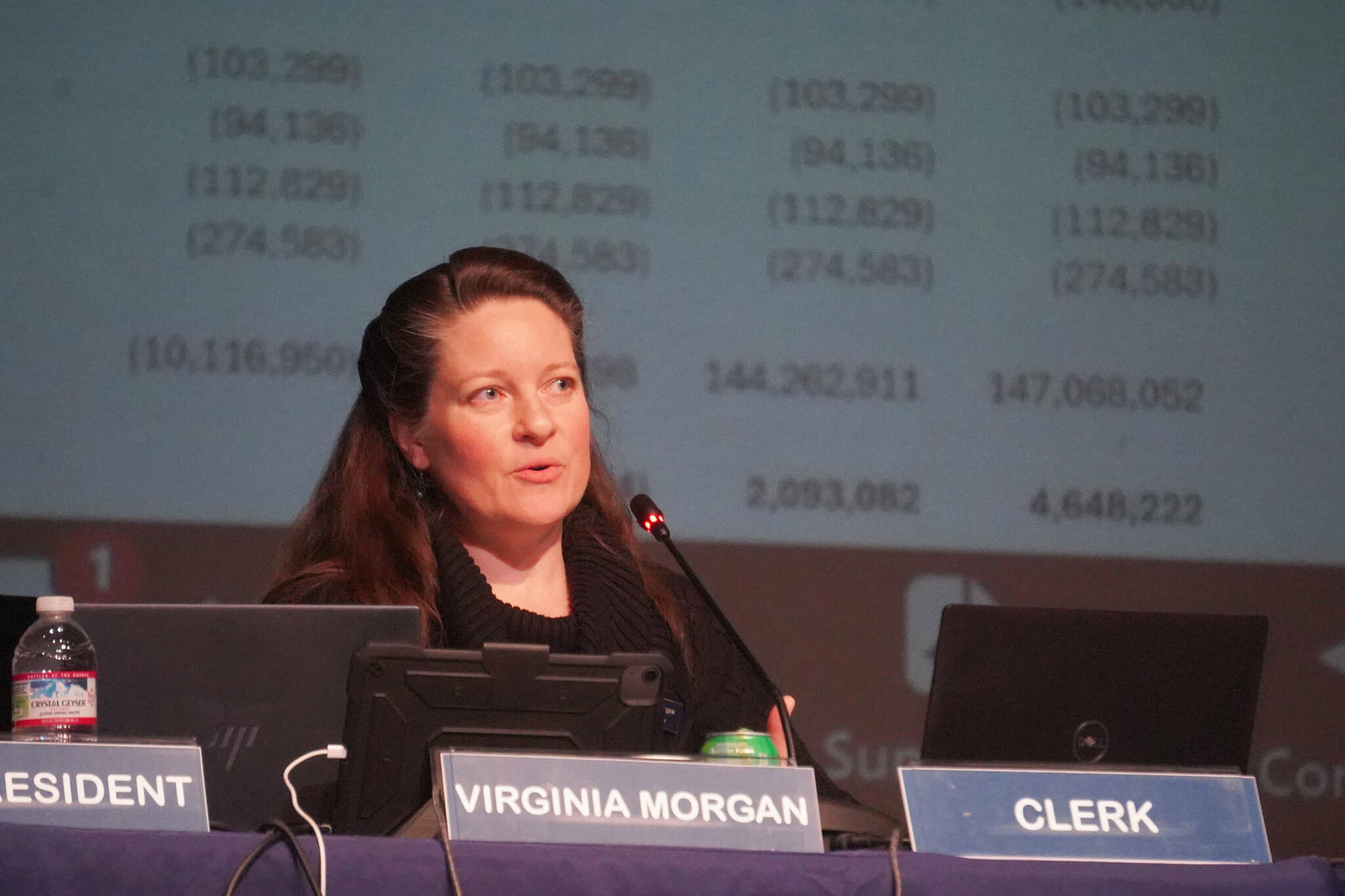 Virginia Morgan speaks during a meeting of the Kenai Peninsula Borough School District’s Board of Education in Homer, Alaska, on Monday, March 3, 2025. (Jake Dye/Peninsula Clarion)