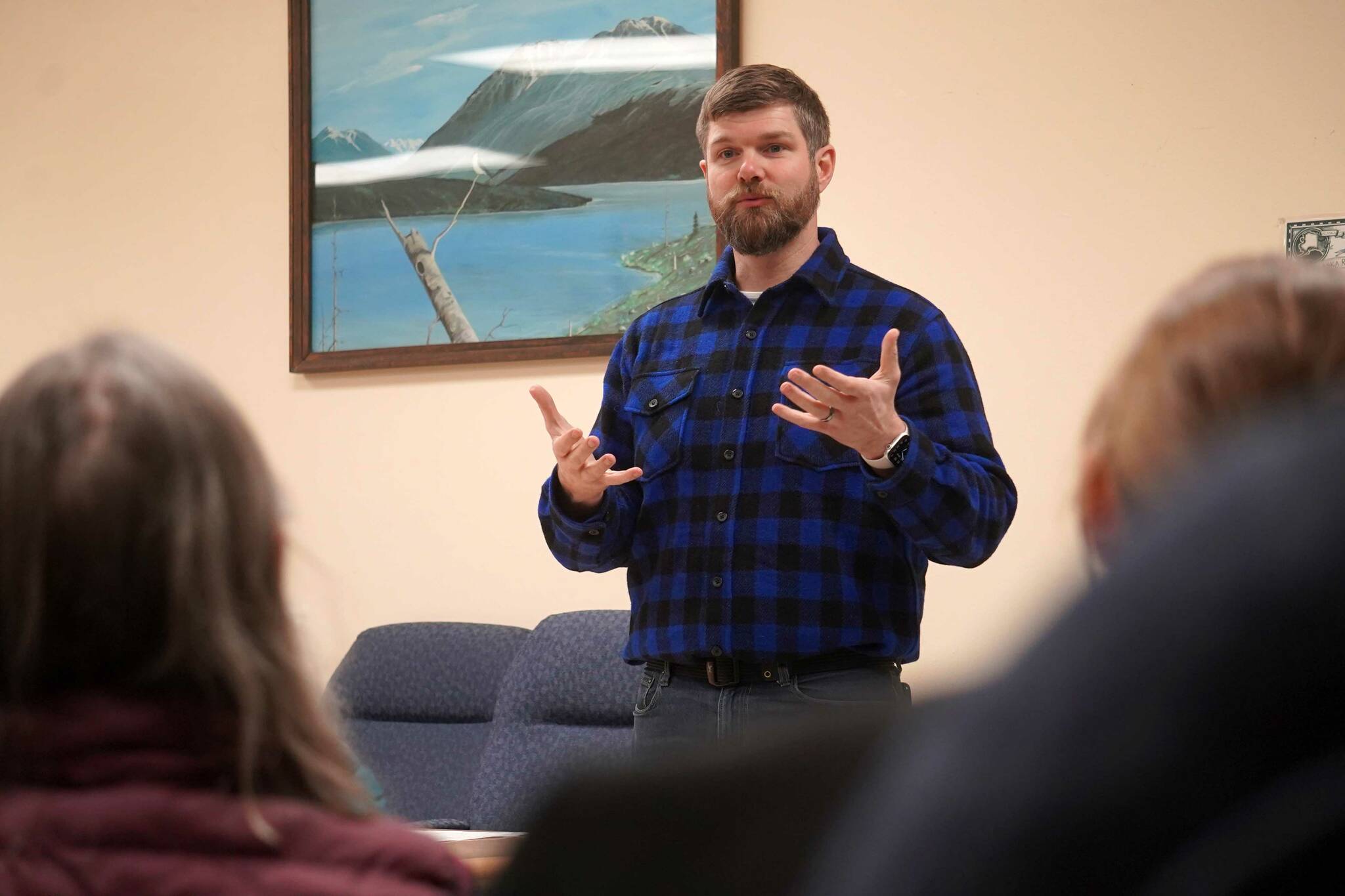 Sen. Jesse Bjorkman, R-Nikiski, speaks at a town hall meeting in the Moose Pass Sportsman’s Club in Moose Pass, Alaska, on Friday, Feb. 28, 2025. (Jake Dye/Peninsula Clarion)