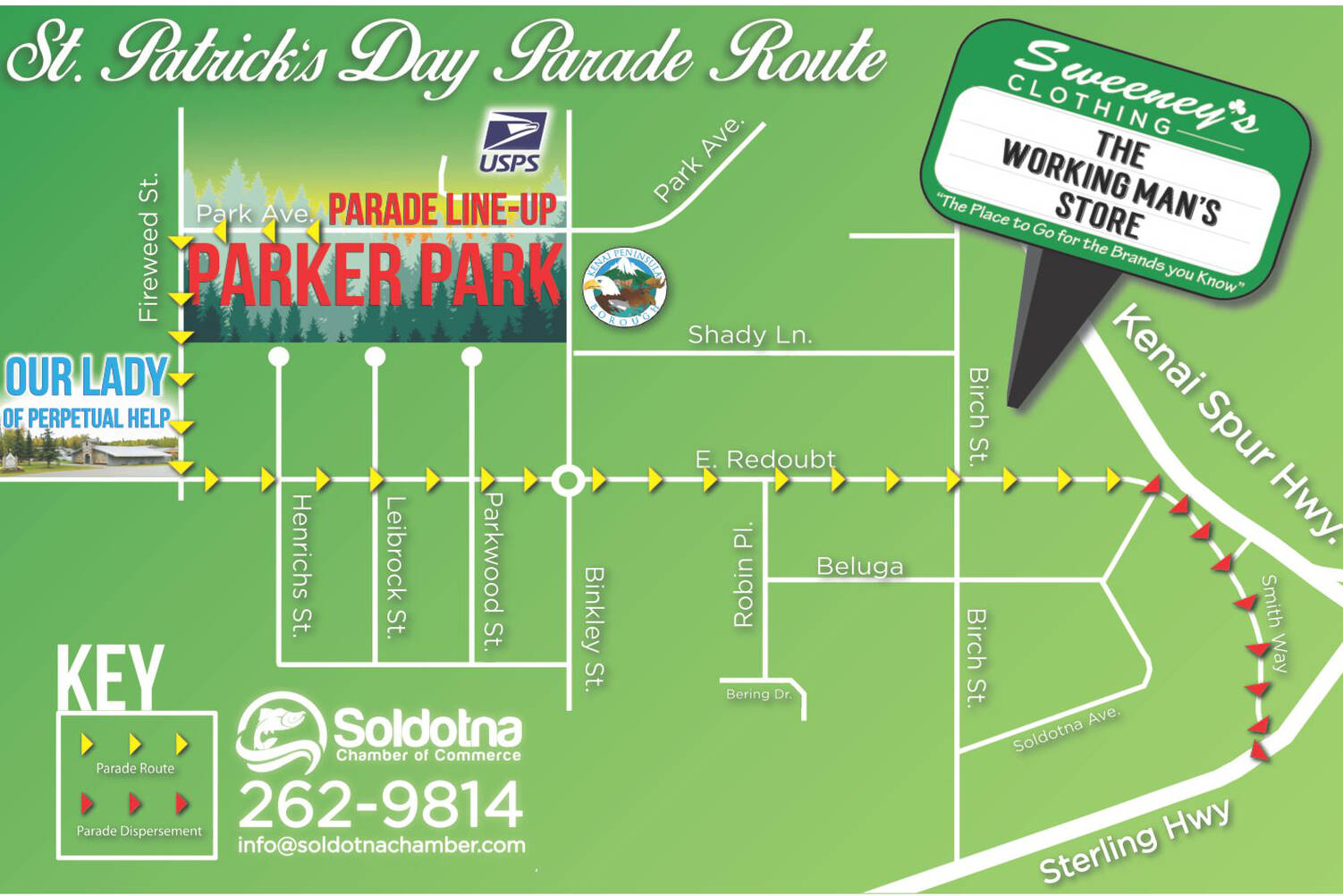 A flier displays information and a map for the Sweeney’s St. Patrick’s Day Parade. (Promotional image courtesy Soldotna Chamber of Commerce)