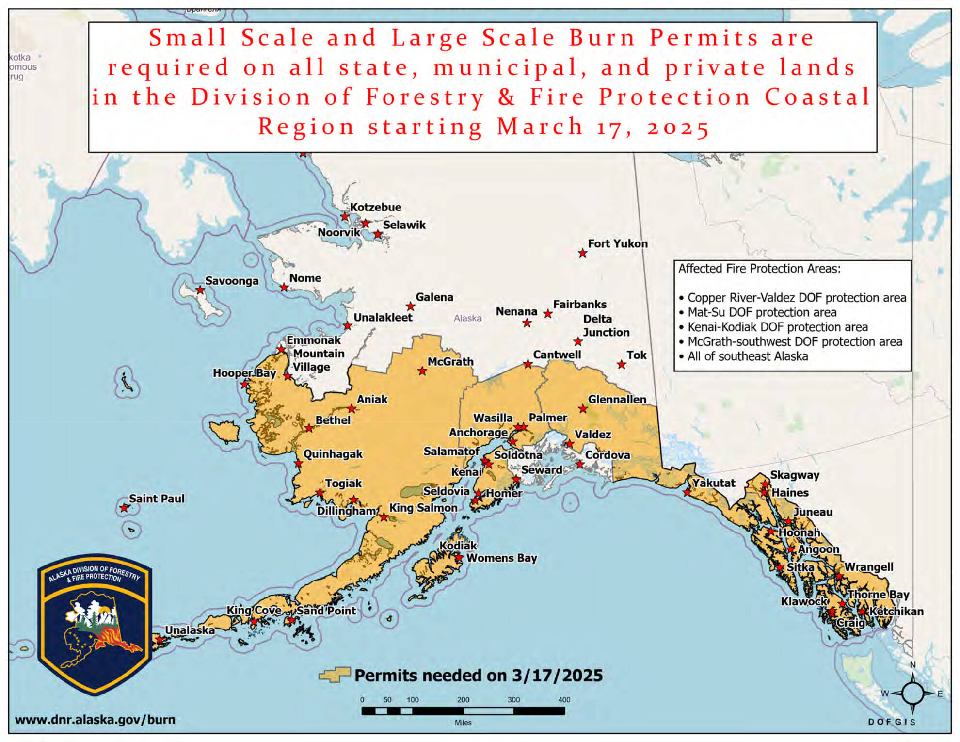 Small-scale and large-scale burn permits are required on all state, municipal and private lands in the Division of Forestry and Fire Protection Coastal Region starting Monday, March 17, 2025. (Photo courtesy of the Alaska Division of Forestry and Fire Protection)