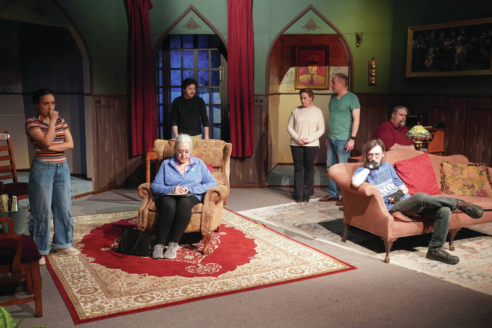 The cast of the Kenai Performers’ production of “The Mousetrap” rehearse at the Kenai Performers Theater near Soldotna on Wednesday. (Jake Dye/Peninsula Clarion)