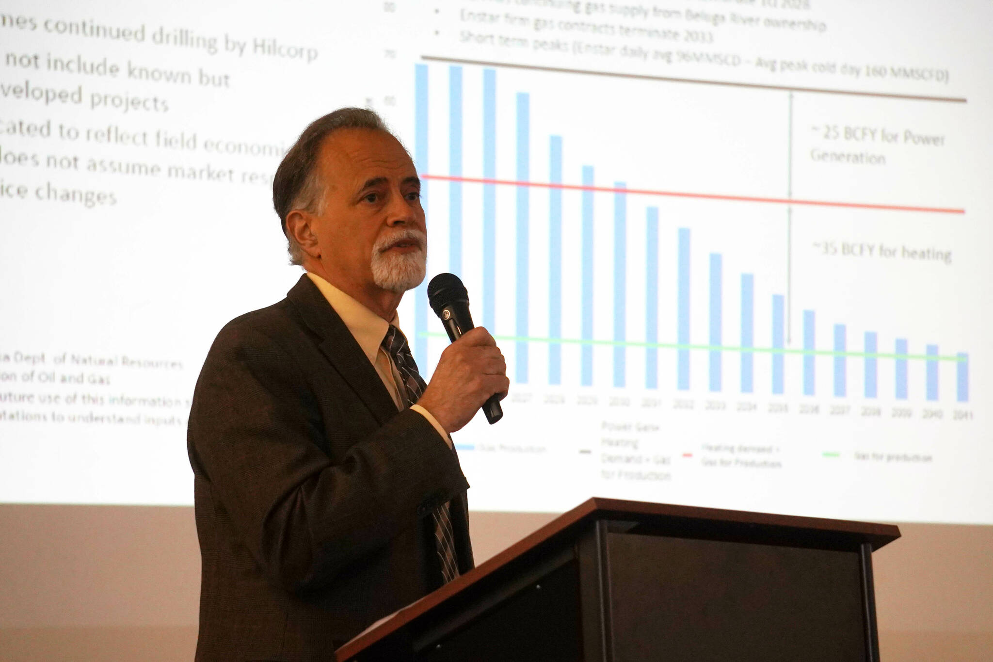 Kenai Peninsula Borough Mayor Peter Micciche presents the findings of the Southcentral Mayors’ Energy Coalition during a luncheon hosted by the Kenai Chamber of Commerce in Kenai, Alaska, on Wednesday, March 19, 2025. (Jake Dye/Peninsula Clarion)