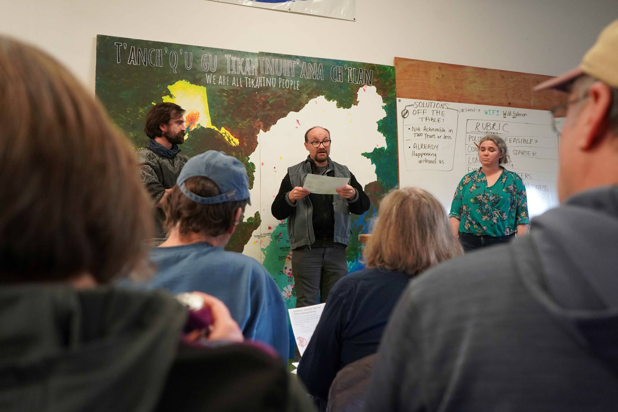 “Salmon Champions” present their ideas for projects to protect salmon habitat during the Local Solution meeting at the Cook Inletkeeper Community Action Studio in Soldotna, Alaska, on Thursday, March 20, 2025. (Jake Dye/Peninsula Clarion)