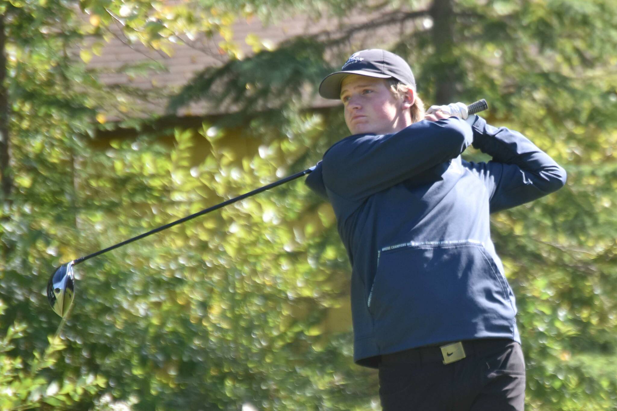 Shane Sundberg tees off on No. 16 on the way to winning the Men's Division at the Birch Ridge Amateur Championship on Sunday, Aug. 25, 2024, at Birch Ridge Golf Course in Soldotna, Alaska. (Photo by Jeff Helminiak/Peninsula Clarion)