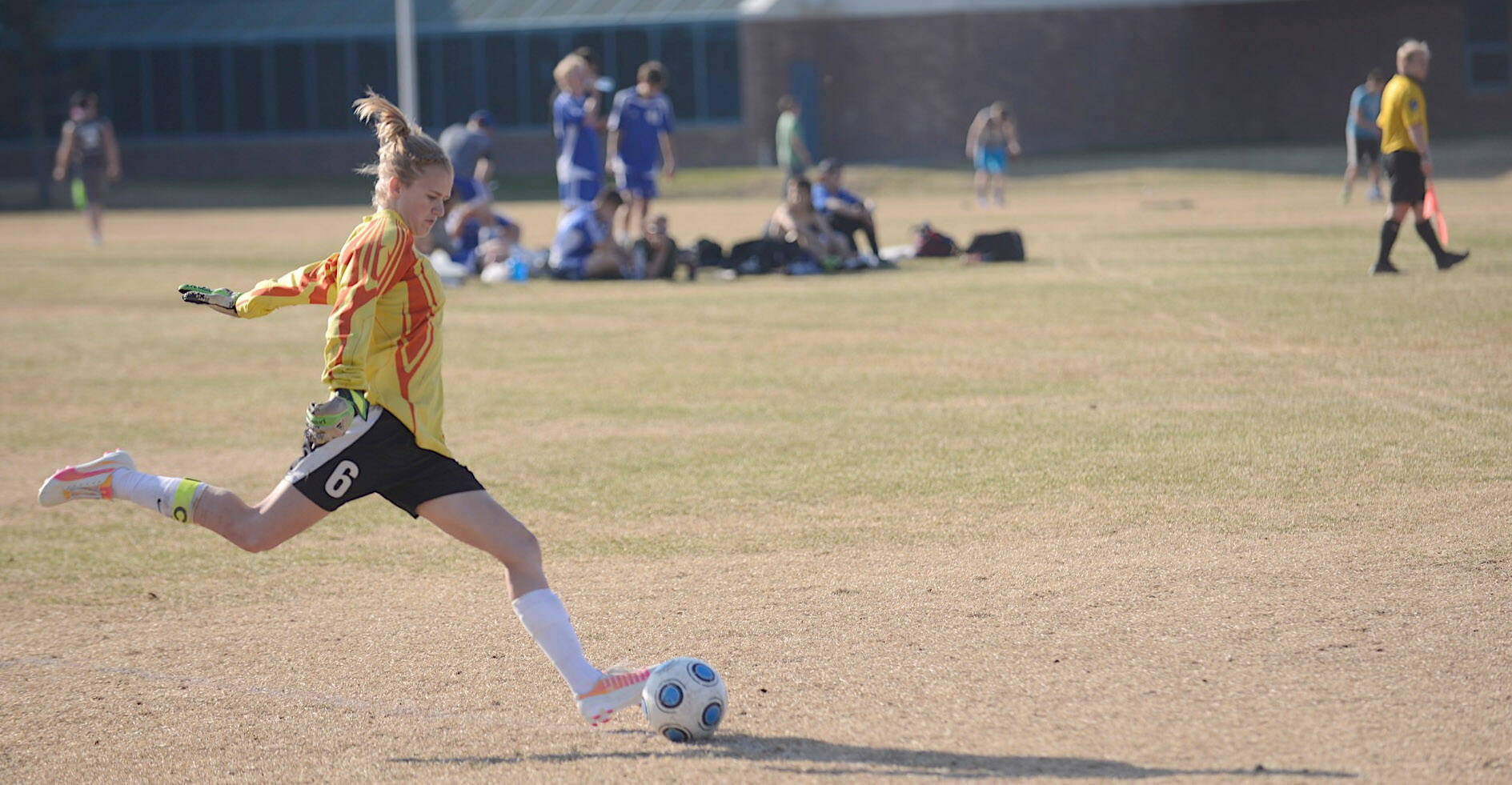 Rachel Johnson kicks the ball in May 2014 for the Nikiski soccer team at Nikiski Middle-High School in Nikiski, Alaska. (Clarion file)