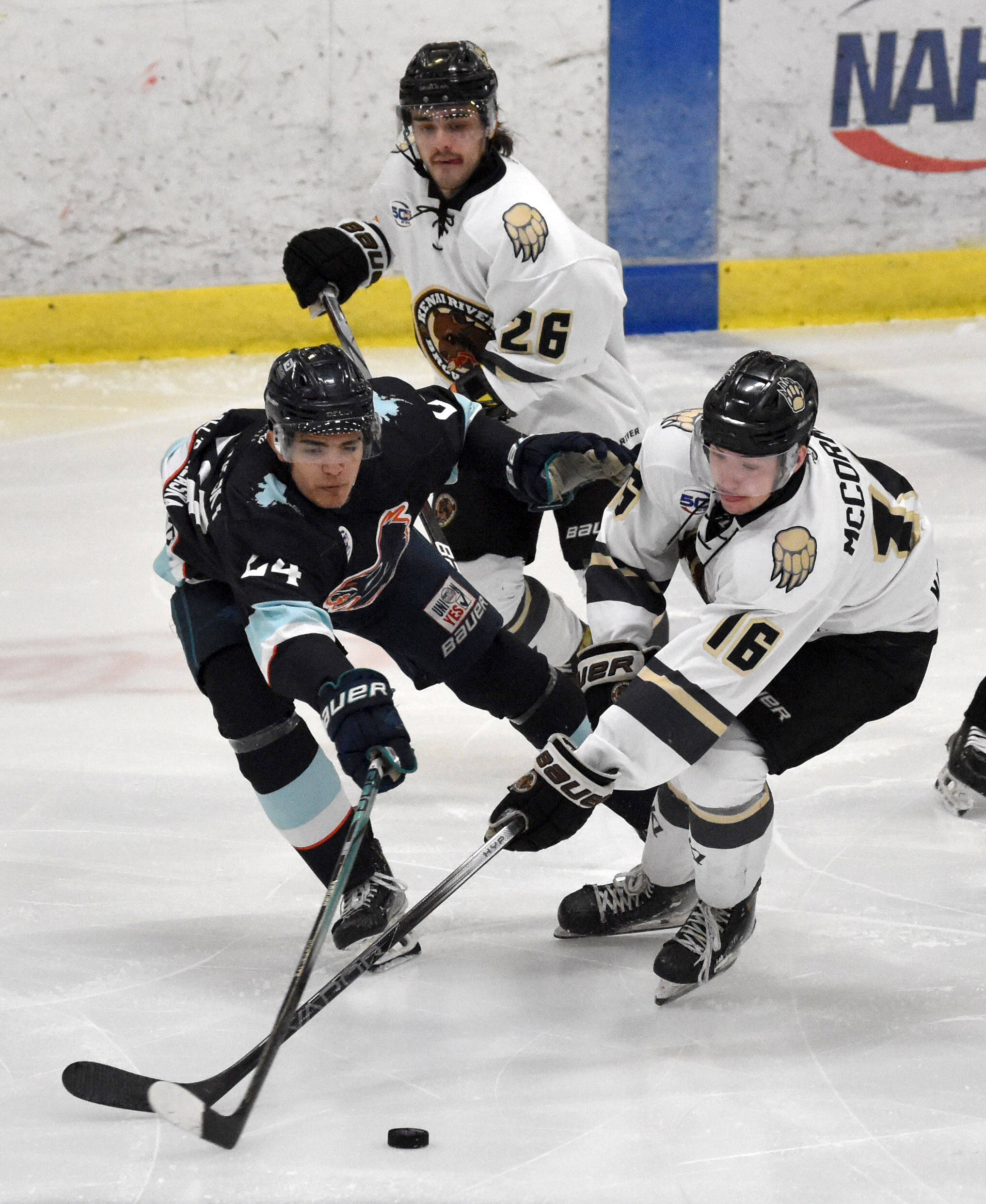 Jason Bourdukofsky of the Anchorage Wolverines and Carter McCormick of the Kenai River Brown Bears battle for the puck in front of Samuel Sisik on Friday, April 4, 2025, at the Soldotna Regional Sports Complex in Soldotna, Alaska. (Photo by Jeff Helminiak/Peninsula Clarion)