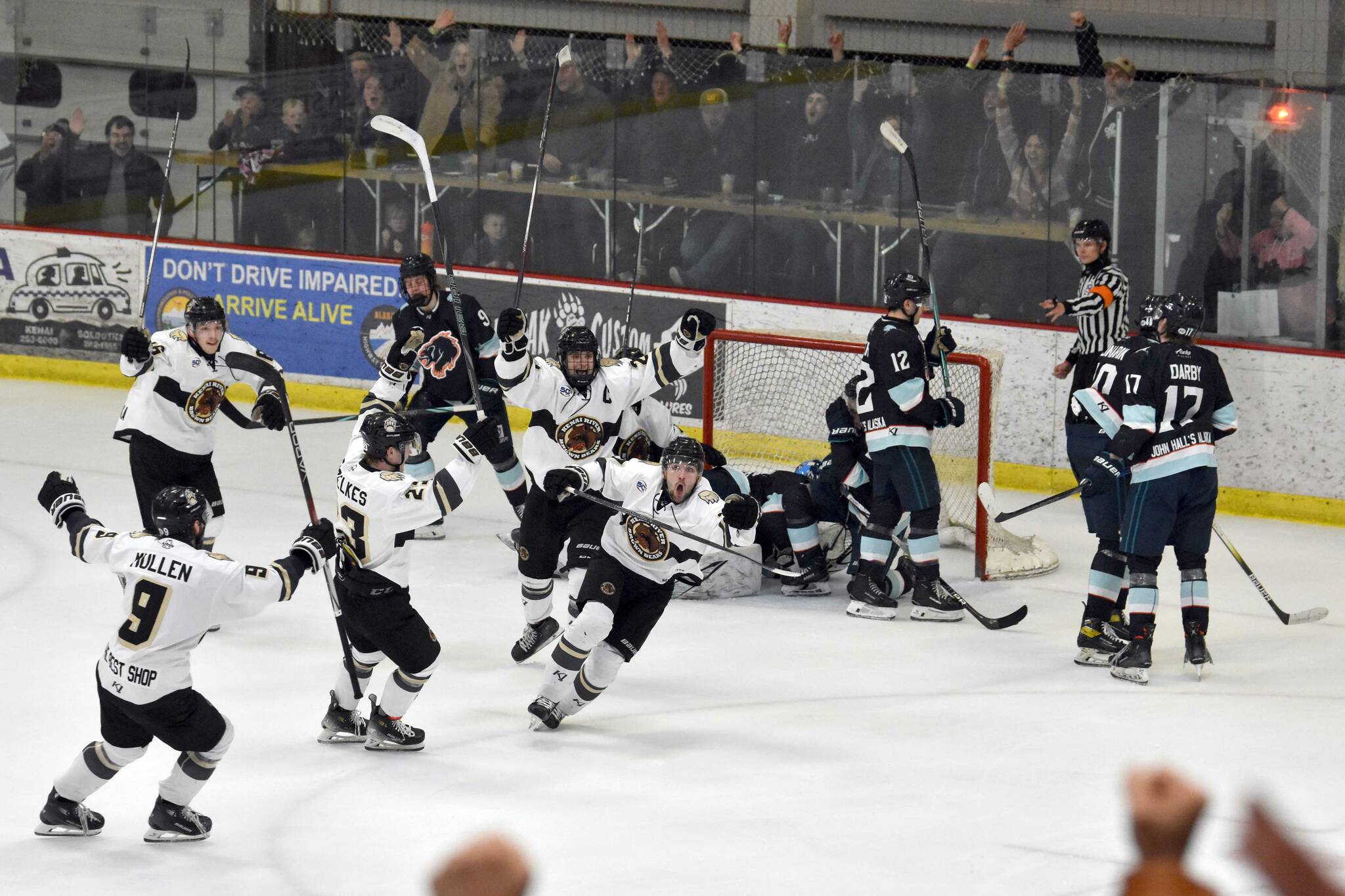 Michael Fiedorczuk of the Kenai River Brown Bears ties the game against the Anchorage Wolverines with 15 seconds left in the third period Friday, April 4, 2025, at the Soldotna Regional Sports Complex in Soldotna, Alaska. (Photo by Jeff Helminiak/Peninsula Clarion)