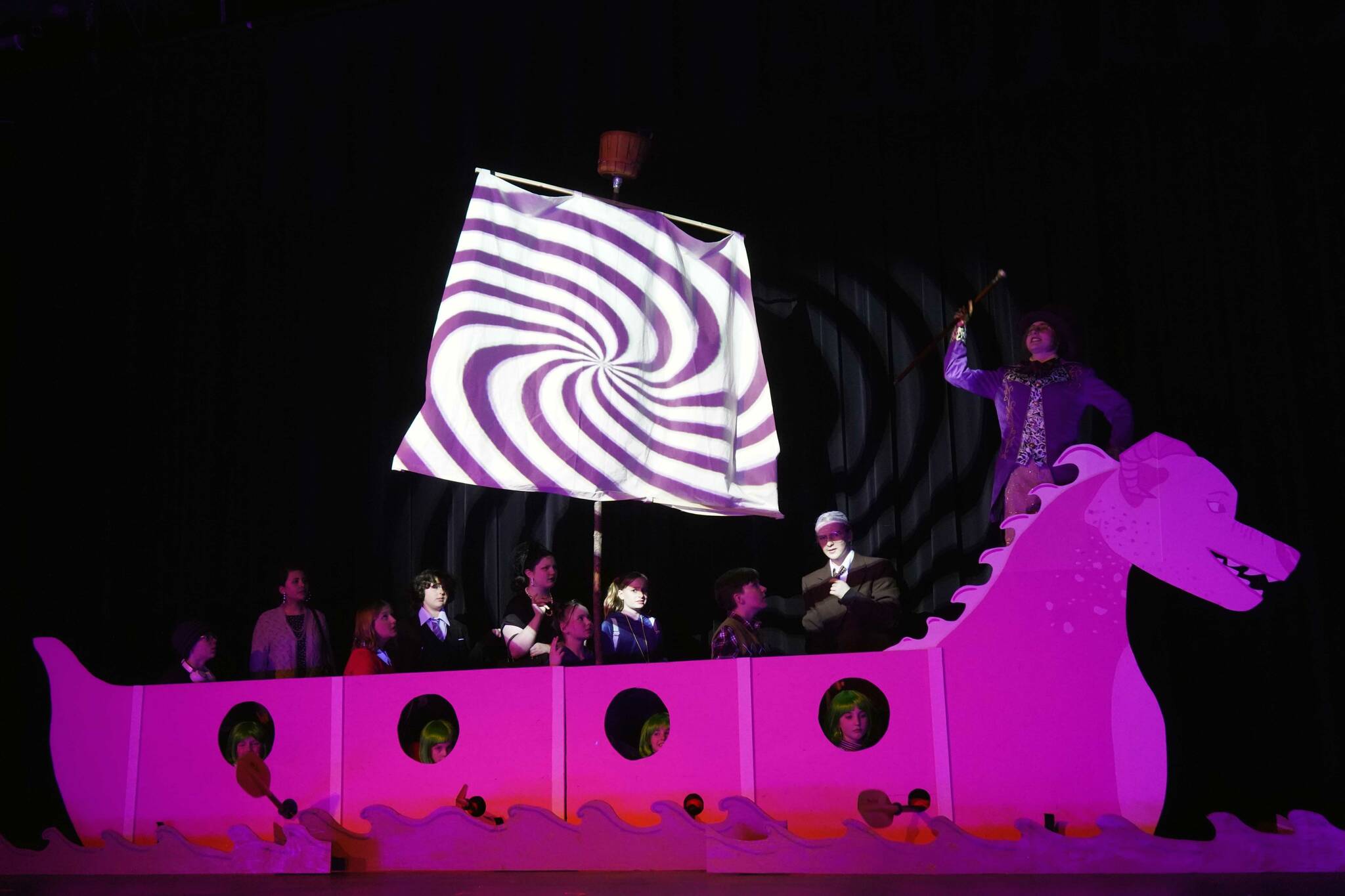 The cast of Seward High School Theatre Collective’s “Charlie and the Chocolate Factory” rehearse on Thursday, April 3, 2025. (Jake Dye/Peninsula Clarion)