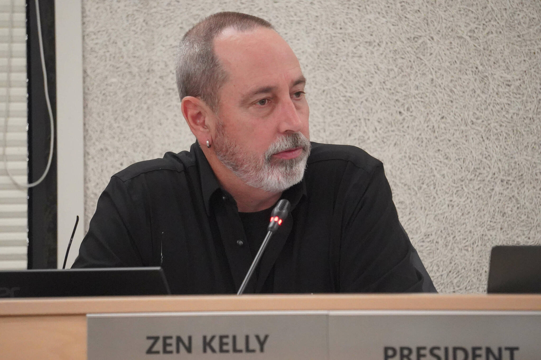 Kenai Peninsula Borough School District Board President Zen Kelly speaks during a meeting of the KPBSD Board of Education in Soldotna, Alaska, on Monday, April 7, 2025. (Jake Dye/Peninsula Clarion)