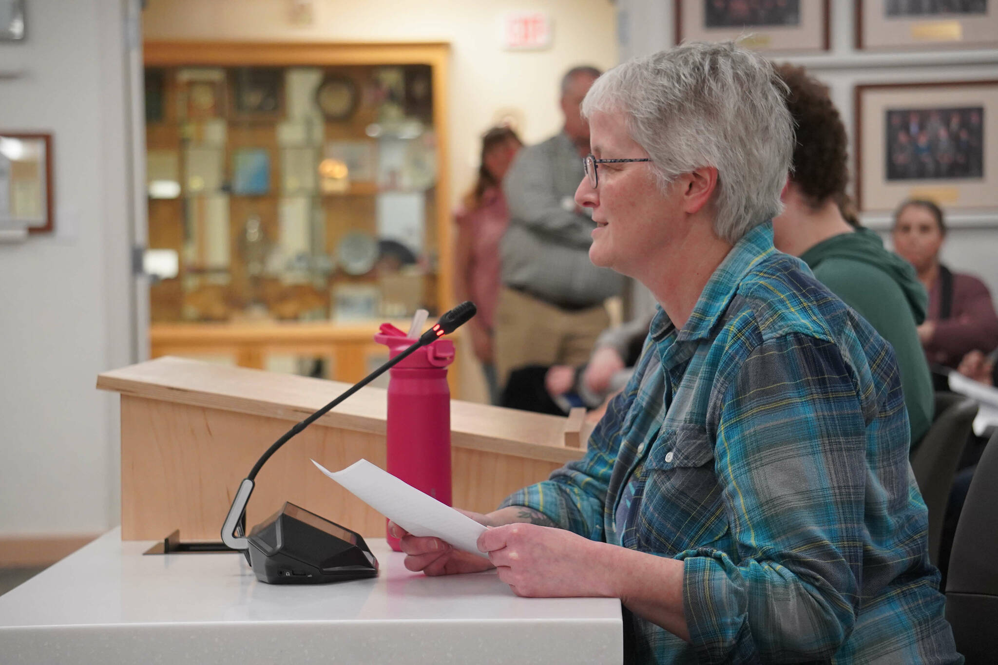 Susan Nabholz, a Kenai Middle School teacher, speaks during a meeting of the Kenai Peninsula Borough School District Board of Education in Soldotna, Alaska, on Monday, April 7, 2025. (Jake Dye/Peninsula Clarion)