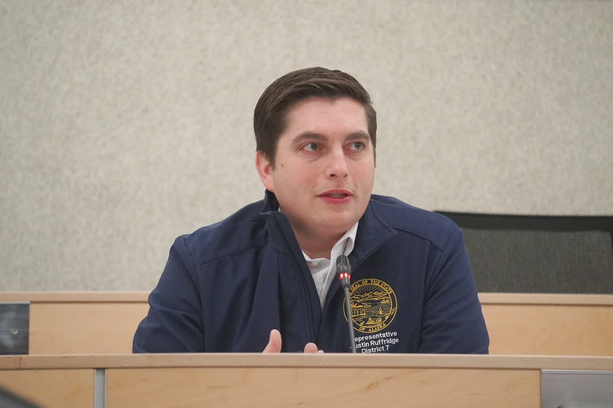 Rep. Justin Ruffridge speaks during a town hall meeting hosted by three Kenai Peninsula legislators in the Kenai Peninsula Borough Assembly Chambers in Soldotna, Alaska, on Saturday, March 29, 2025. (Jake Dye/Peninsula Clarion)