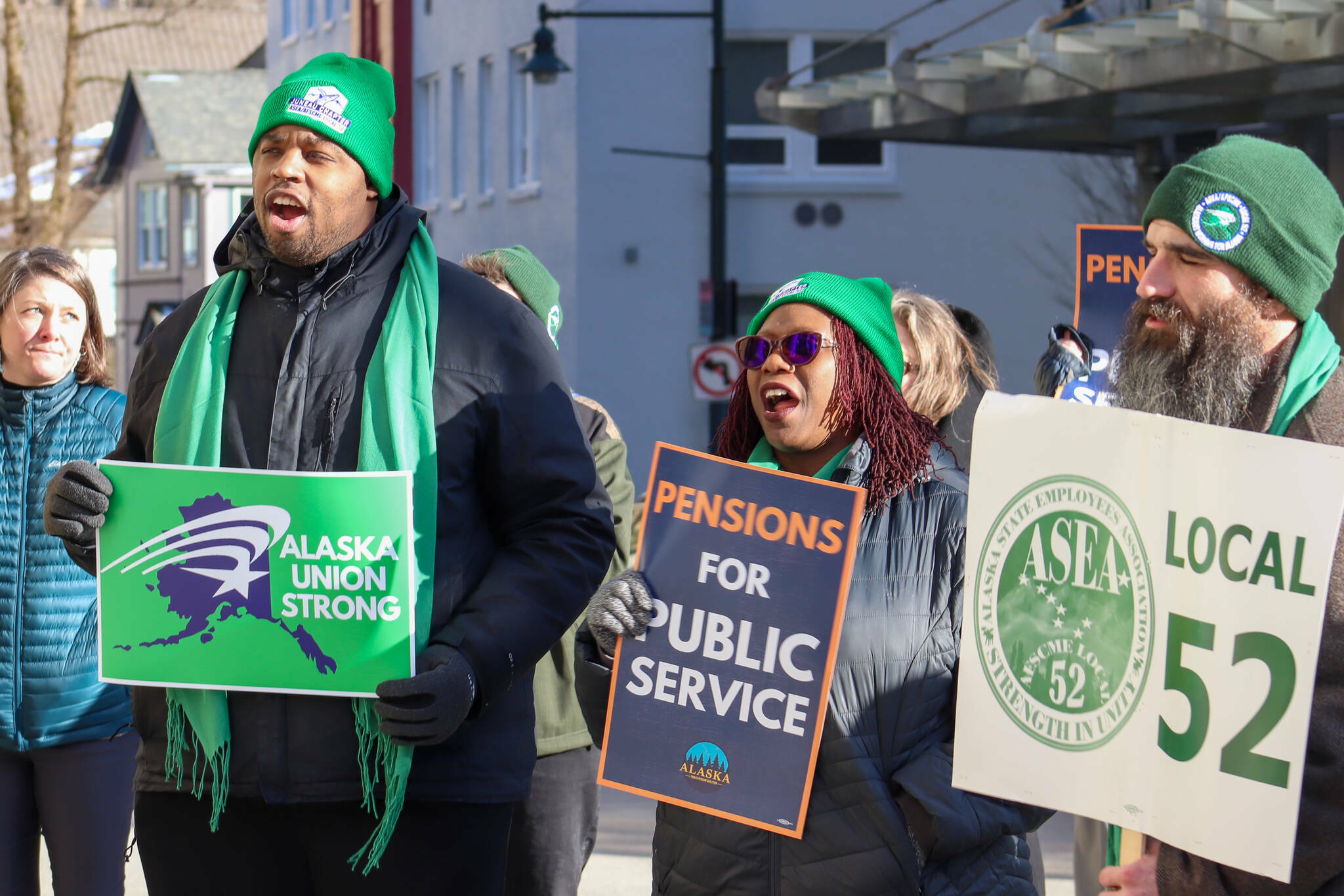 Members of the Alaska State Employees Association and AFSCME Local 52 holds a protest at the Alaska State Capitol on Friday, Feb. 14, 2025. (Jasz Garrett / Juneau Empire file photo)