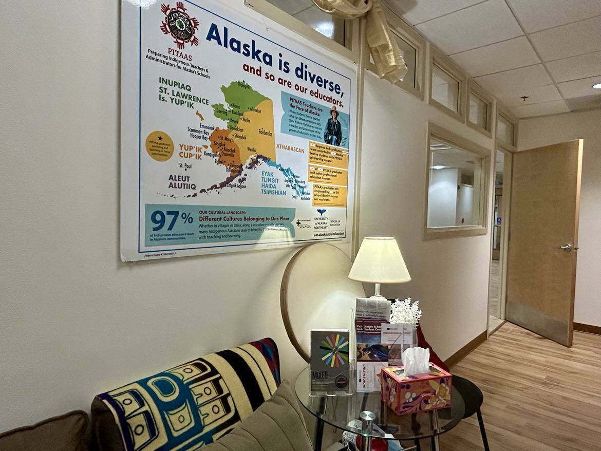 A poster in the Native and Rural Student Center at the University of Alaska Southeast reads “Alaska is diverse, and so are our educators.” (Jasz Garrett / Juneau Empire)