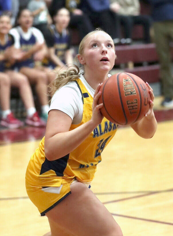 Homer senior Channing Lowney takes a short from the baseline for the 3A/4A Girls Gold team during the Alaska Association of Basketball Coaches Senior All-Star Games on Saturday, April 12, 2025, at Grace Christian School in Anchorage, Alaska. (Bruce Eggleston/matsusports.net)