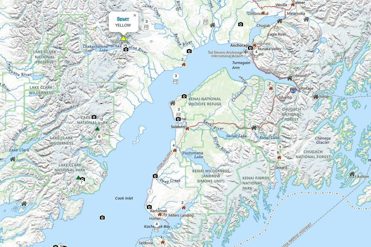 Mount Spurr, raised to Advisory on the Volcano Alert Level, can be seen in yellow northwest of the Kenai Peninsula. (Map courtesy Alaska Volcano Observatory/U.S. Department of the Interior)