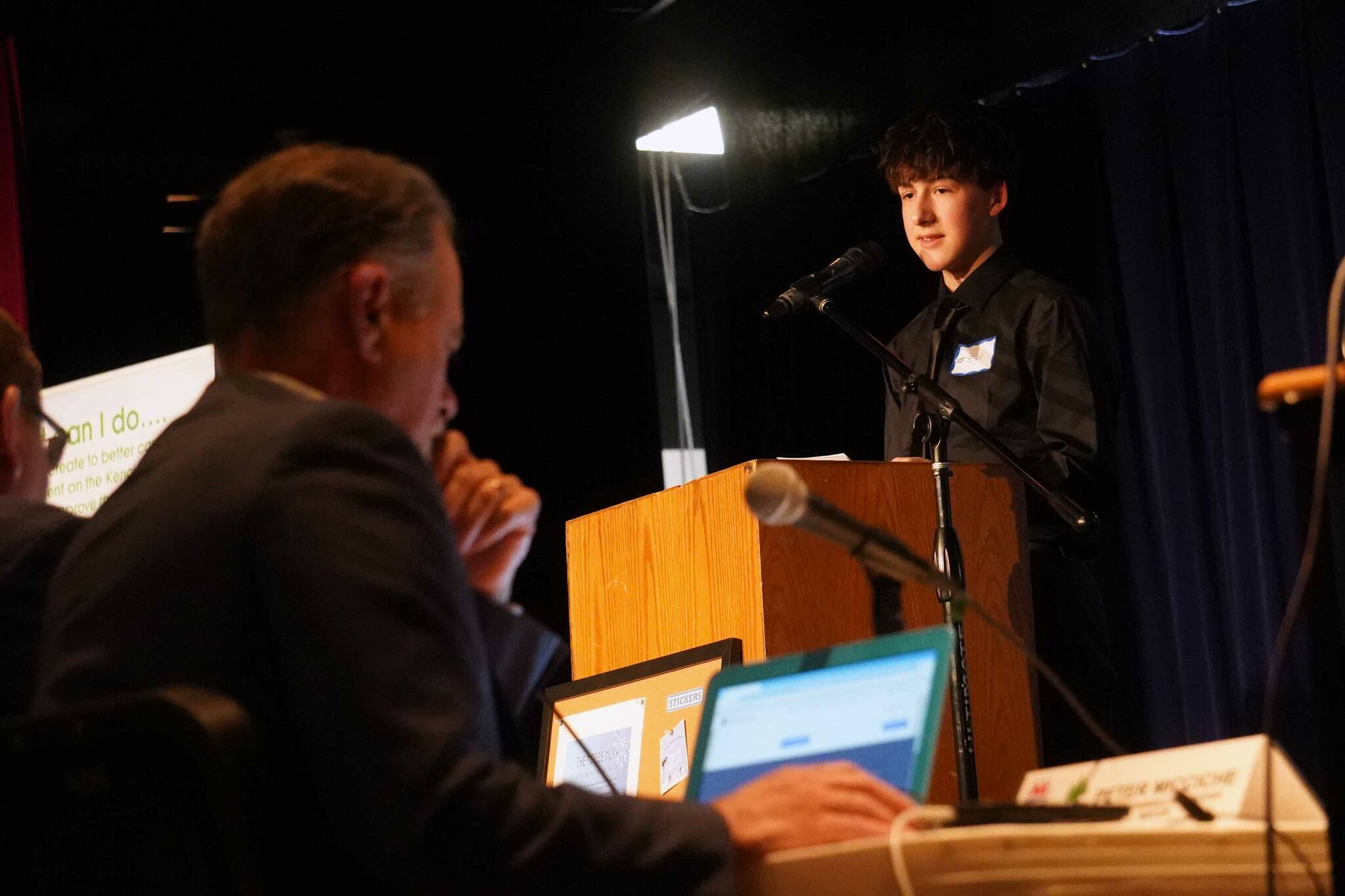 Kenai Central High School’s Kyle Foster speaks during the 35th Annual Caring for the Kenai Oral Presentations at Kenai Central High School in Kenai, Alaska, on Thursday, April 17, 2025. (Jake Dye/Peninsula Clarion)
