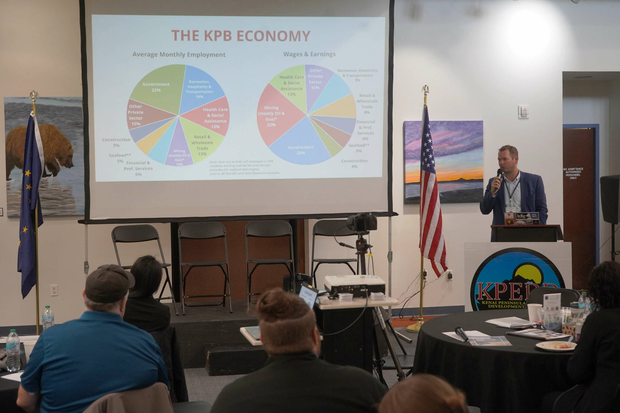 Economist and research analyst Andy Wink presents “State of the Kenai Peninsula Borough Economy” during the Kenai Peninsula Economic Development District Industry Outlook Forum in Kenai, Alaska, on Thursday, April 24, 2025. (Jake Dye/Peninsula Clarion)