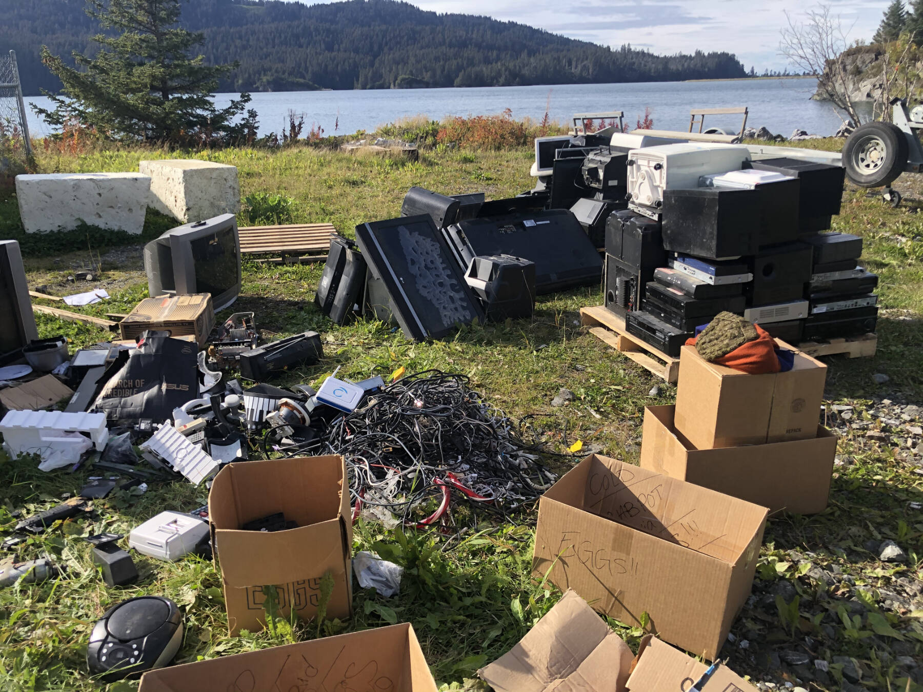 Various electronics await to be collected and recycled during an electronics recycling event in Seldovia. (Photo courtesy of Cook Inletkeeper)