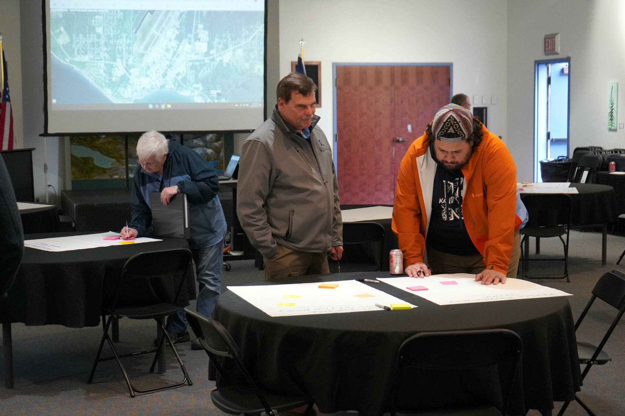 Kenai Vice Mayor Henry Knackstedt and Kenai City Council member Sovala Kisena share thoughts on Kenai’s parks and recreation facilities and programs during the kickoff for a development of a parks and recreation master plan in Kenai, Alaska, on Tuesday, April 29, 2025. (Jake Dye/Peninsula Clarion)