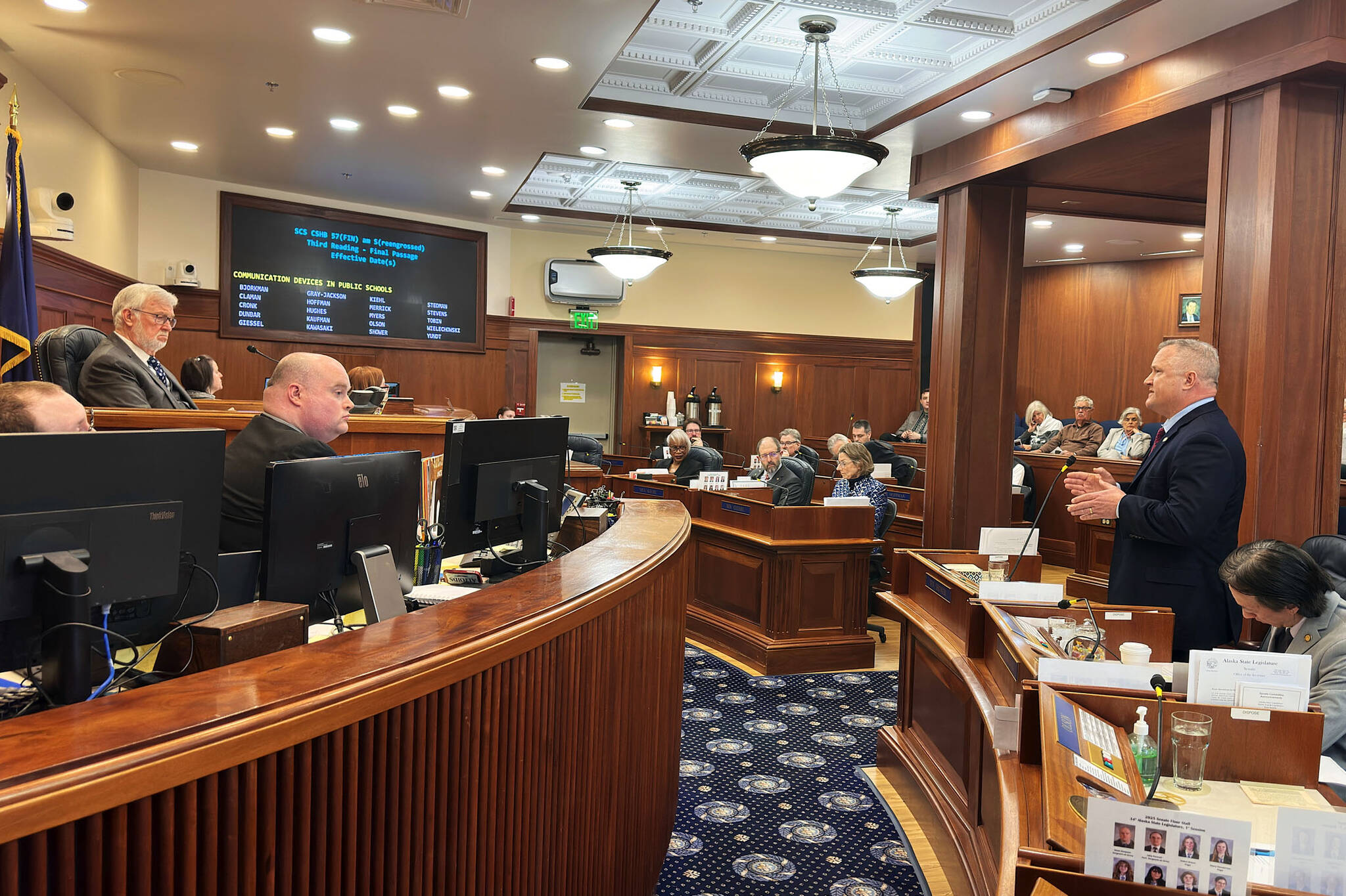Senate Minority Leader Mike Shower (R-Wasilla), right, explains why he is changing his vote on a compromise education bill during the Wednesday, April 30, 2025, floor session at the Alaska State Capitol. (Mark Sabbatini/Juneau Empire)