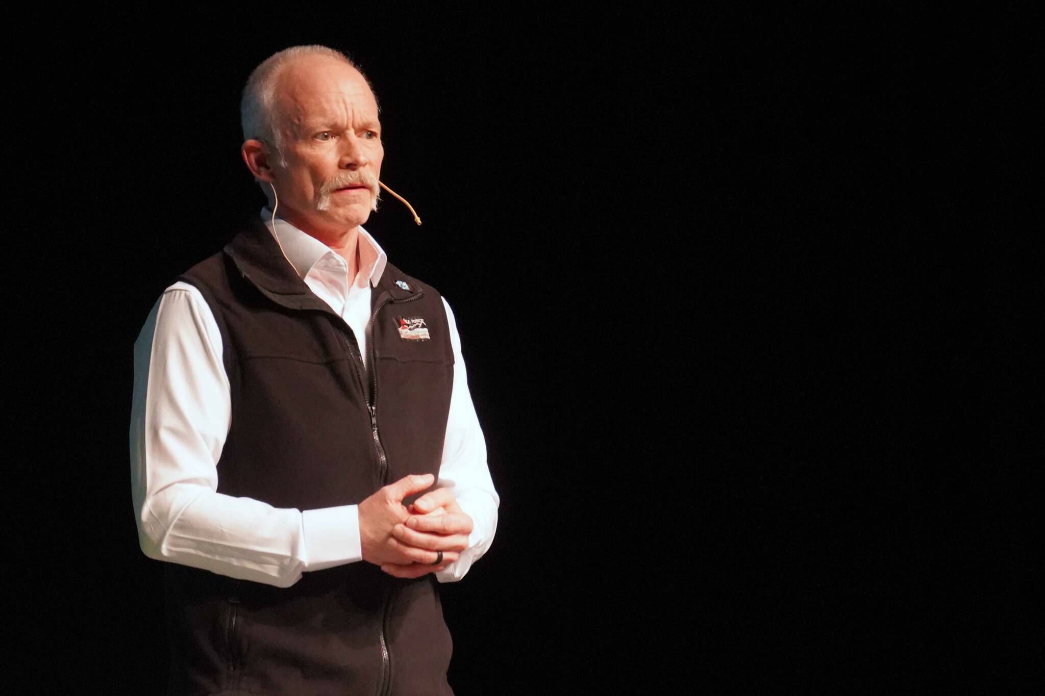 Homer Electric Association General Manager Brad Janorschke speaks at the utility’s annual meeting of the members at Kenai Central High School in Kenai, Alaska, on Thursday, May 1, 2025. (Jake Dye/Peninsula Clarion)