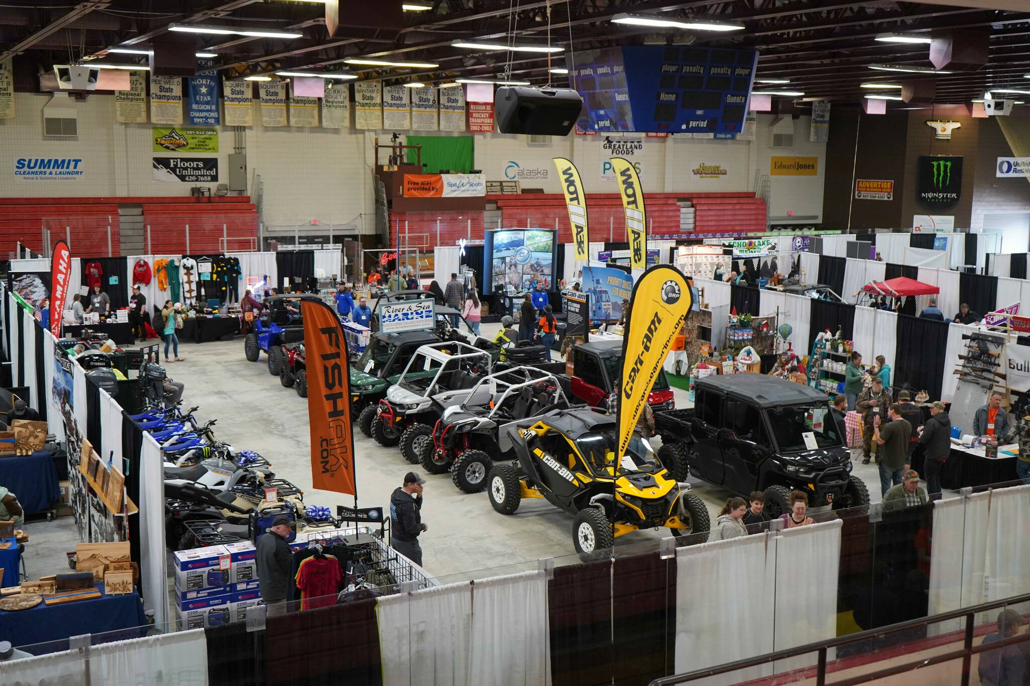 Vendors fill the floor of the 38th Annual Kenai Peninsula Sport, Rec & Trade Show at the Soldotna Regional Sports Complex in Soldotna, Alaska, on Friday, May 2, 2025. (Jake Dye/Peninsula Clarion)
