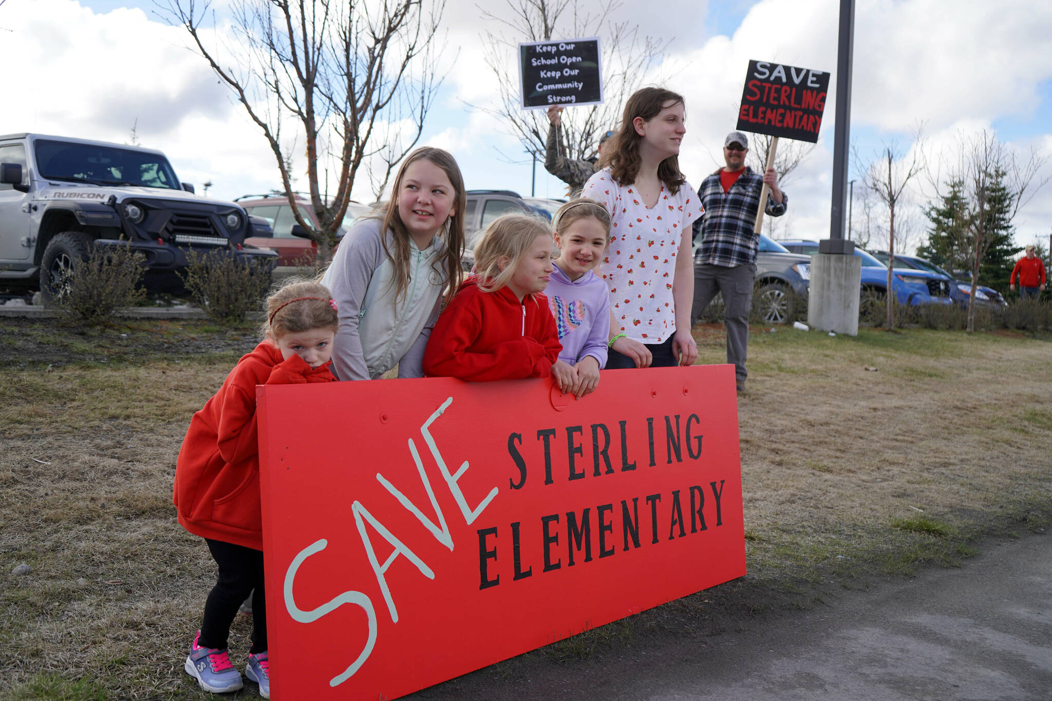 Students protest the possible closure of Sterling Elementary School along the Sterling Highway in Soldotna, Alaska, on Saturday, May 3, 2025. (Jake Dye/Peninsula Clarion)
