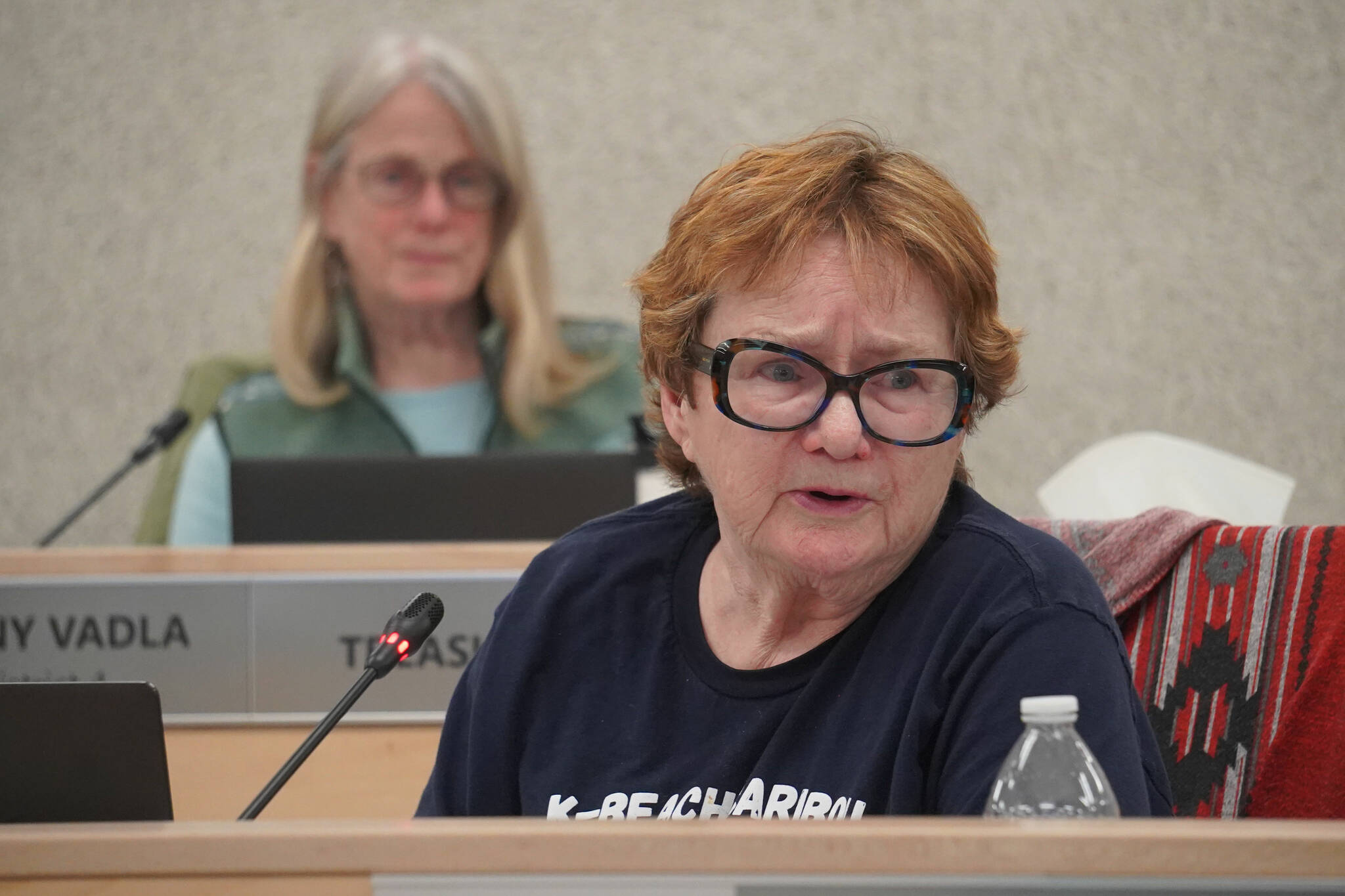 Board member Patti Truesdell speaks during a meeting of the Kenai Peninsula Borough School District’s Board of Education in Soldotna, Alaska, on Monday, May 5, 2025. (Jake Dye/Peninsula Clarion)