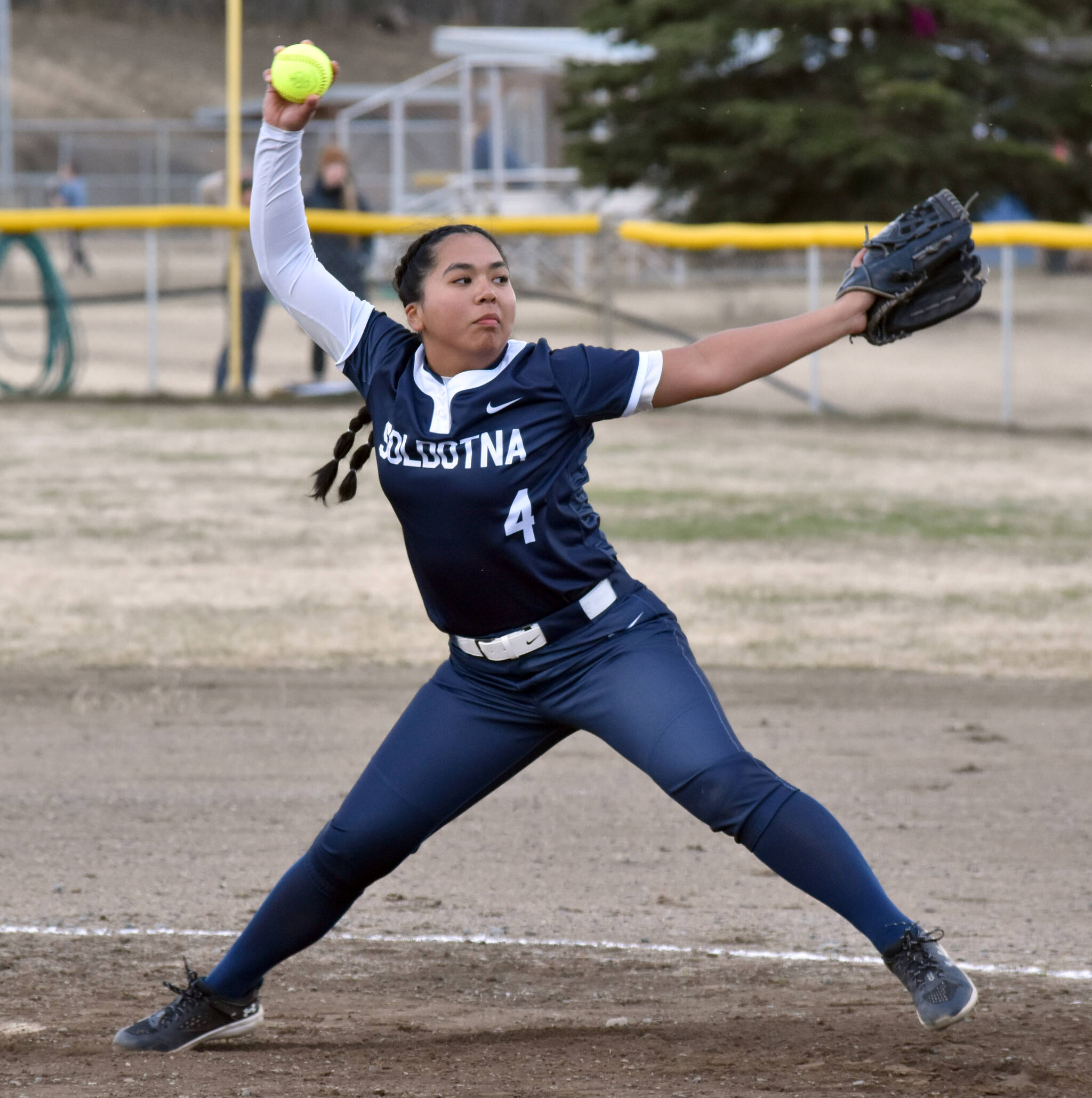 Soldotna’s Isabelle Cruz delivers to Kenai Central on Tuesday, May 6, 2025, at the Soldotna Little League fields in Soldotna, Alaska. (Photo by Jeff Helminiak/Peninsula Clarion)