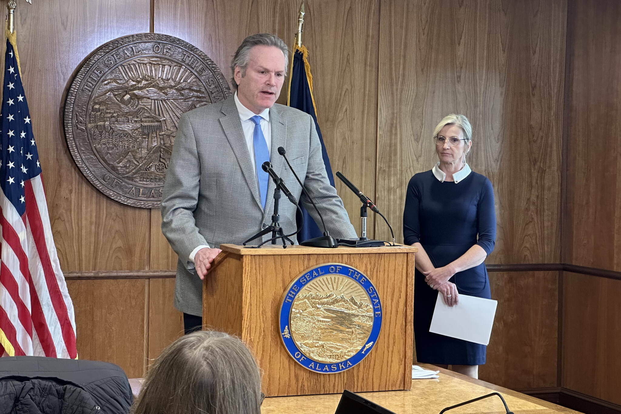 Gov. Mike Dunleavy speaks to reporters during a press conference at the Alaska State Capitol on Thursday, April 17, 2025. (Mark Sabbatini / Juneau Empire file photo)