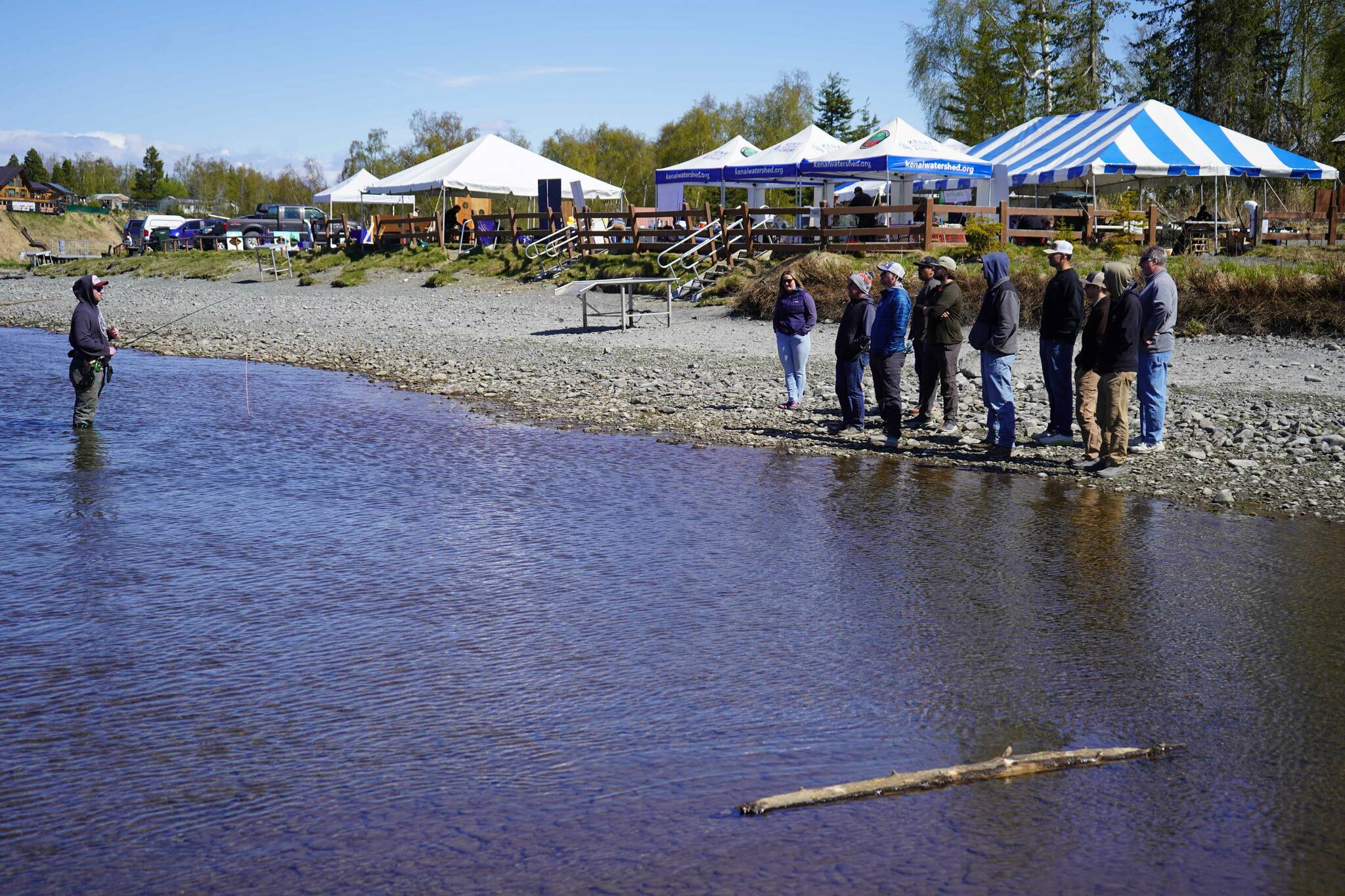 Hunter Heafer delivers a presentation on spey casting during A Day at the River at Centennial Park in Soldotna, Alaska, on Saturday, May 10, 2025. (Jake Dye/Peninsula Clarion)