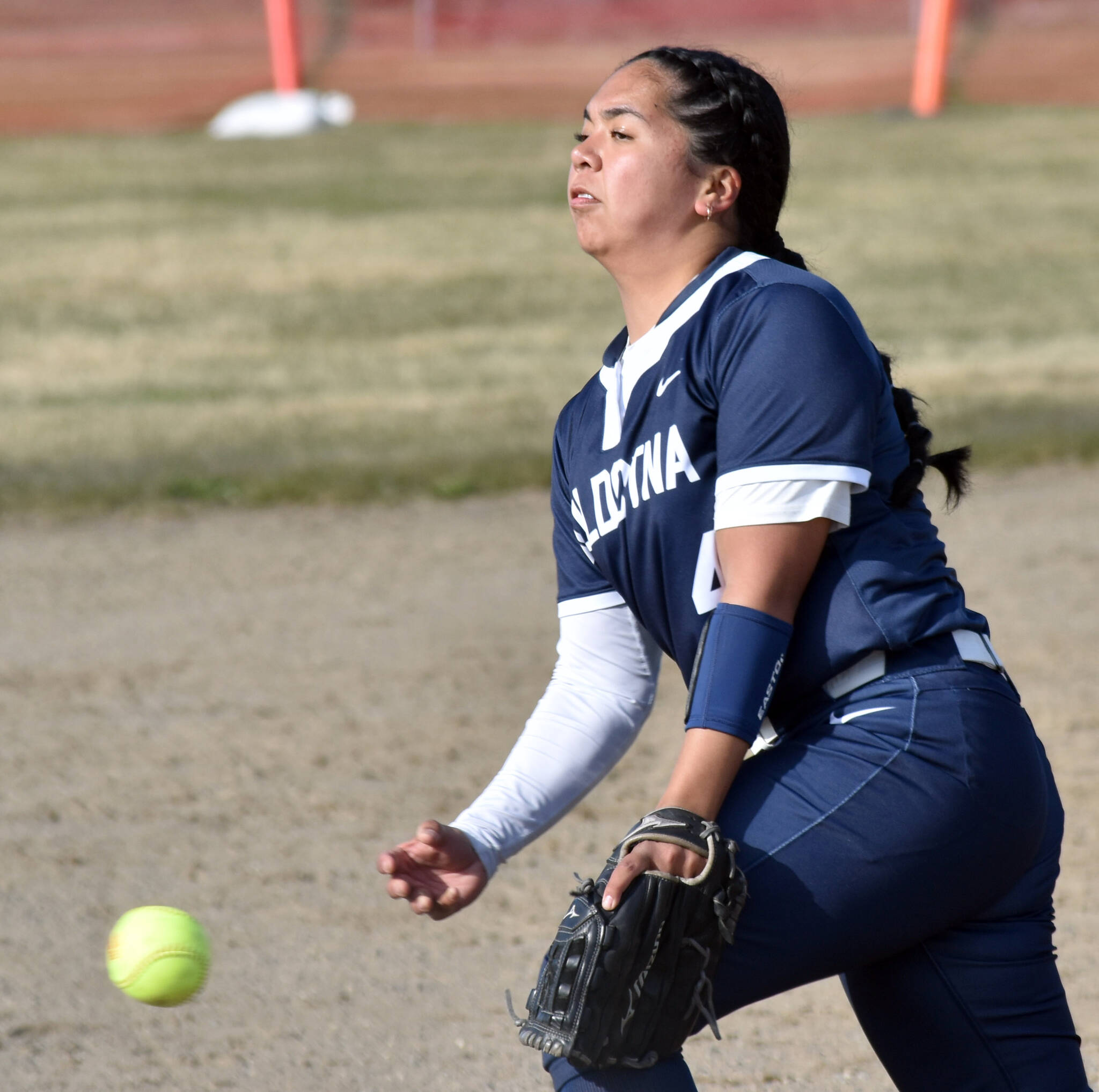 Soldotna’s Isabelle Cruz delivers to Kenai Central on Tuesday, May 13, 2025, at the Steve Shearer Memorial Ball Park in Kenai, Alaska. (Photo by Jeff Helminiak/Peninsula Clarion)