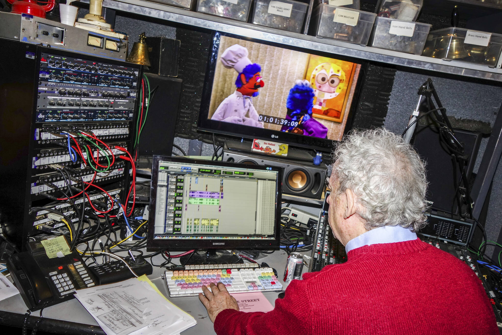 Dick Maitland, a foley artist, works on the 46th season of “Sesame Street” at Kaufman Astoria Studios in New York, Dec. 15, 2025. (Ariana McLaughlin/The New York Times)