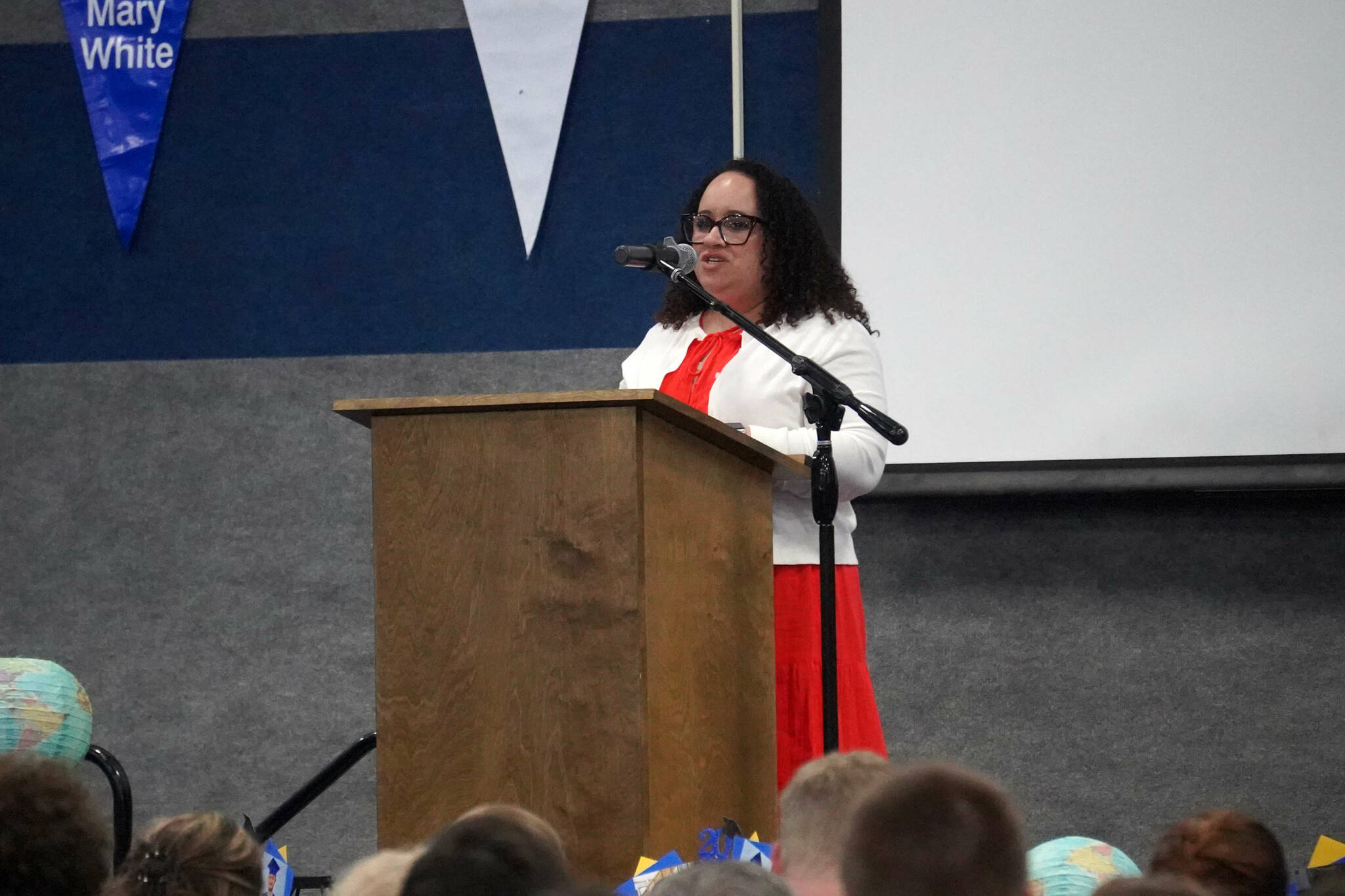Instructor Tonya Scott speaks during the graduation ceremony at Cook Inlet Academy near Soldotna, Alaska, on Saturday, May 17, 2025. (Jake Dye/Peninsula Clarion)