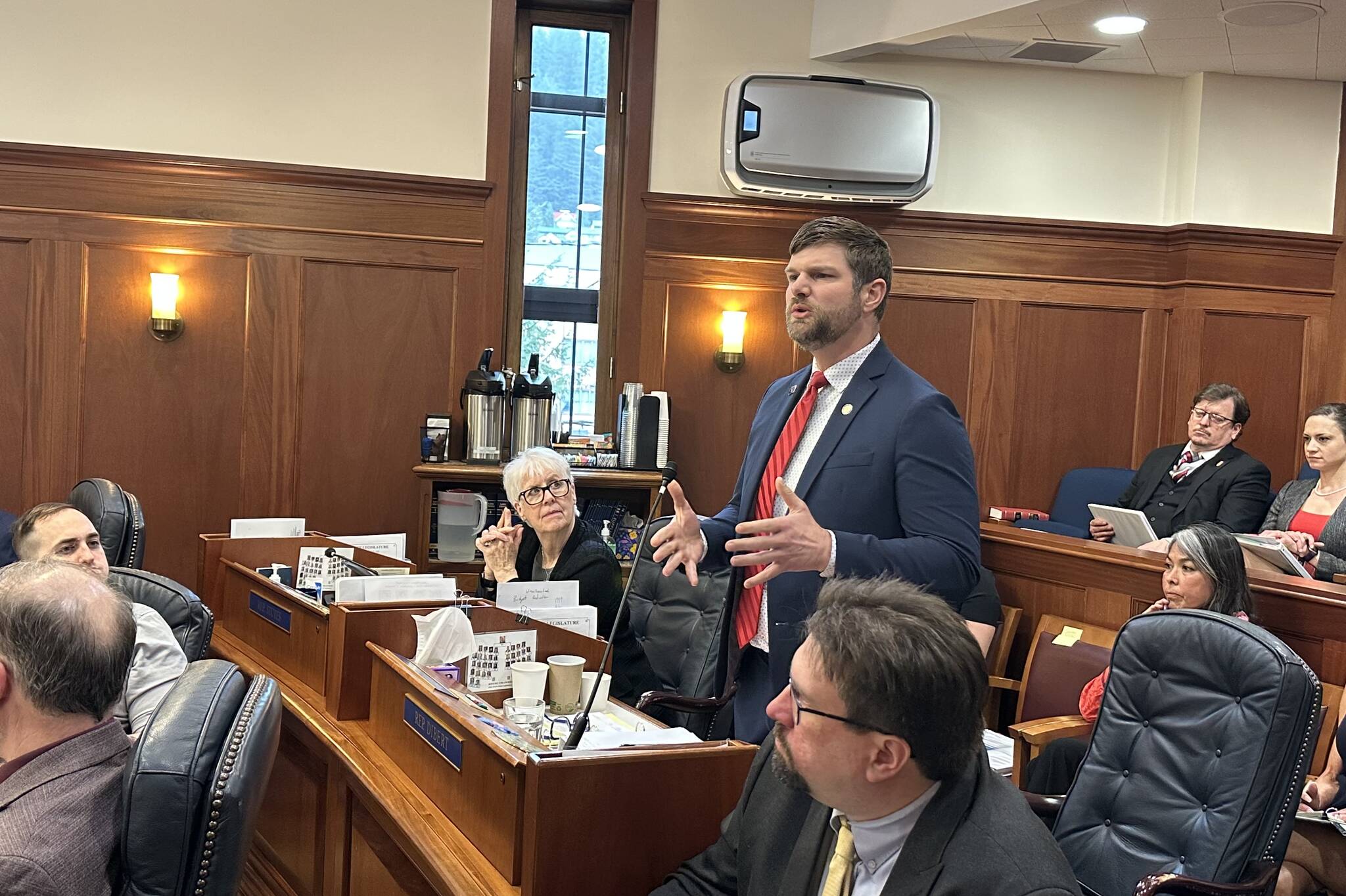 Sen. Jesse Bjorkman, R-Nikiski, speaks in support overriding Gov. Mike Dunleavy’s veto of House Bill 69 at the Alaska Capitol in Juneau, Alaska, on Tuesday, April 22, 2025. (Mark Sabbatini/Juneau Empire)