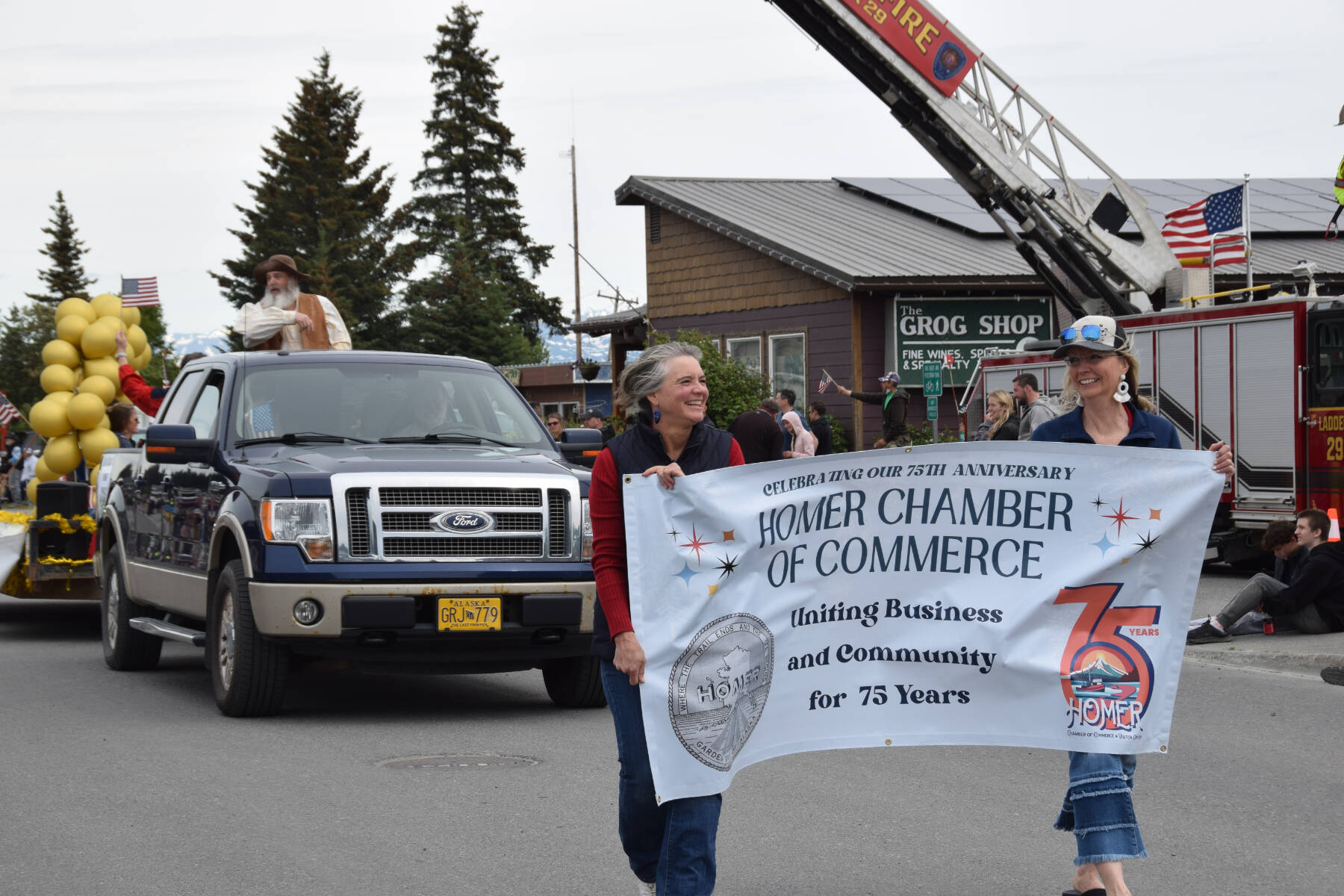The Homer Chamber of Commerce’s float in the Fourth of July parade on Thursday, July 4, 2024, celebrates their 75th anniversary in Homer, Alaska, in the spirit of the parade’s theme, “Historical Homer.” A measure that would have increased special event fees for those looking to host gatherings in city-maintained spaces was voted down during a May 12, 2025, meeting of the Homer City Council. (Delcenia Cosman/Homer News)