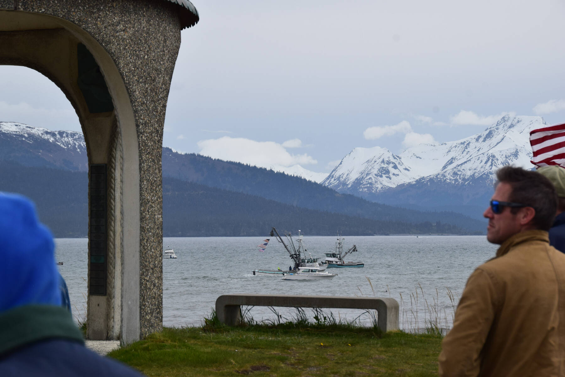 Boats gather offshore the Homer Spit in honor of the 2025 Blessing of the Fleet on Tuesday, May 20 at the Seafarer’s Memorial on the Homer Spit. (Chloe Pleznac/Homer News)