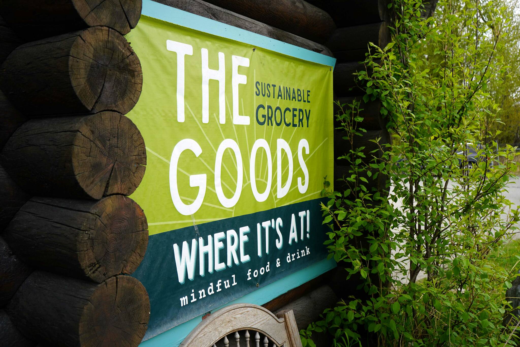 A sign for The Goods Sustainable Grocery is seen in Soldotna, Alaska, on Tuesday, May 20, 2025. (Jake Dye/Peninsula Clarion)