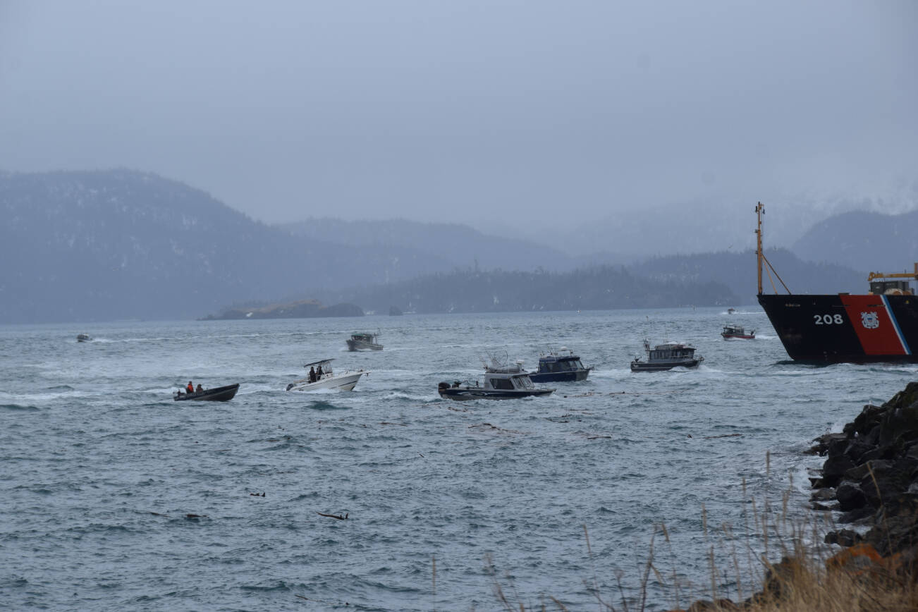 Boats return to the Homer Harbor at the end of the fishing period for the 30th annual Winter King Salmon Tournament on Saturday, March 23, 2024 in Homer, Alaska. (Delcenia Cosman/Homer News)