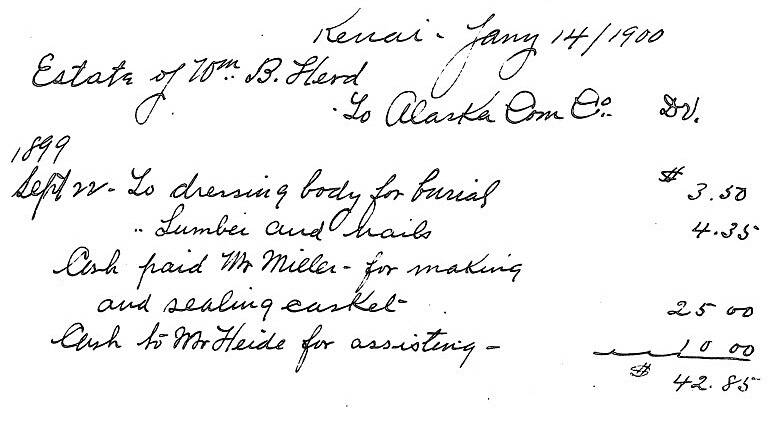 Image from ACC Box 116, Folder 1039, of the Rasmuson Library’s historical archives
In 1899, after the accidental death of William B. Hurd, a member of the Kings County Mining Company, Eugene R. Bogart, the Alaska Commercial Company’s station agent in Kenai, submitted this bill for Hurd’s funeral.