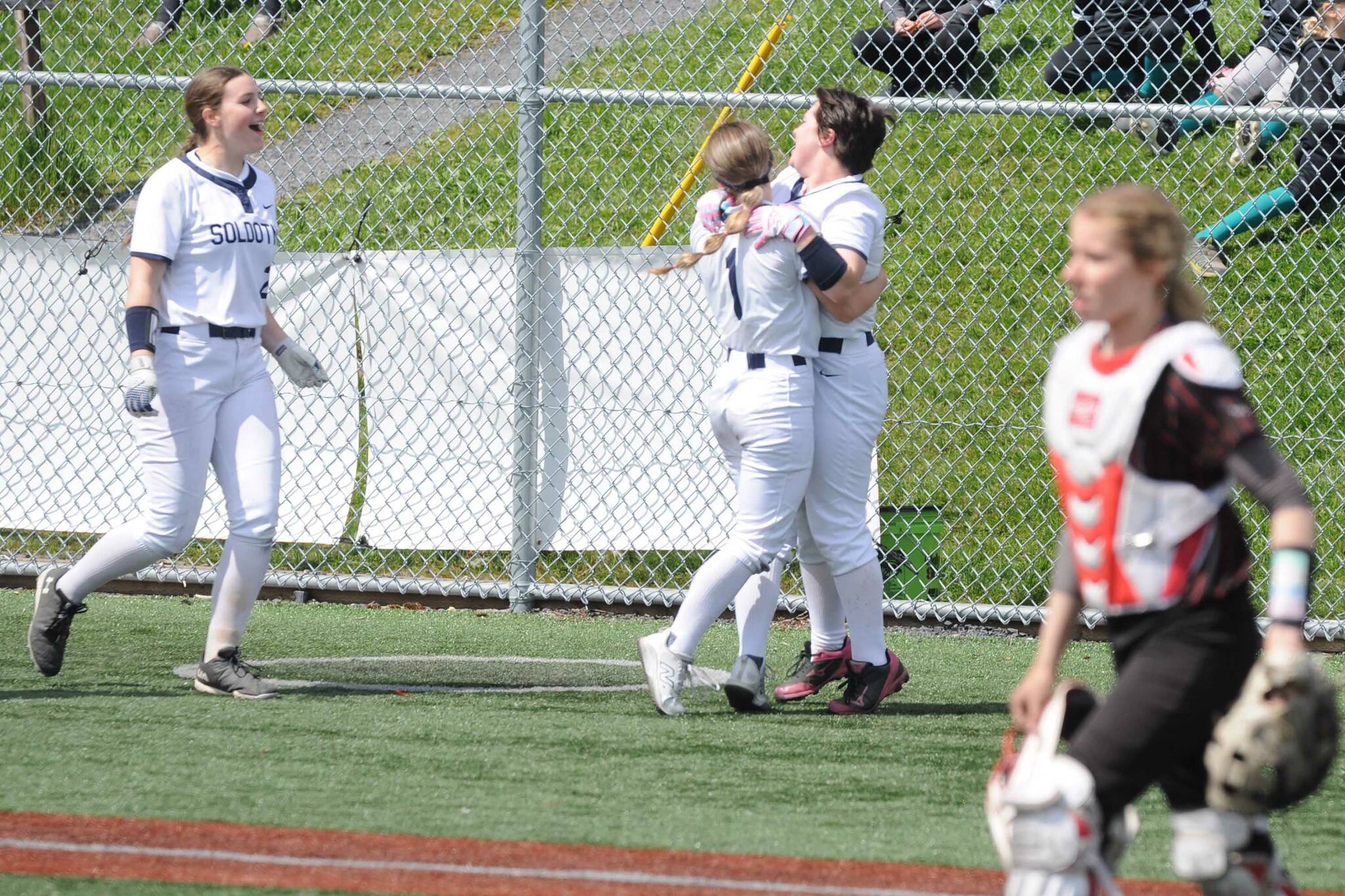 DEREK CLARKSTON/Kodiak Daily Mirror
Soldotna players celebrate a walk-off 10-9 win over Kenai in the final of the playback bracket at the Northern Lights Conference softball tournament Saturday, May 31, 2025, at Baranof Field in Kodiak, Alaska. (Photo by Derek Clarkston/Kodiak Daily Mirror)