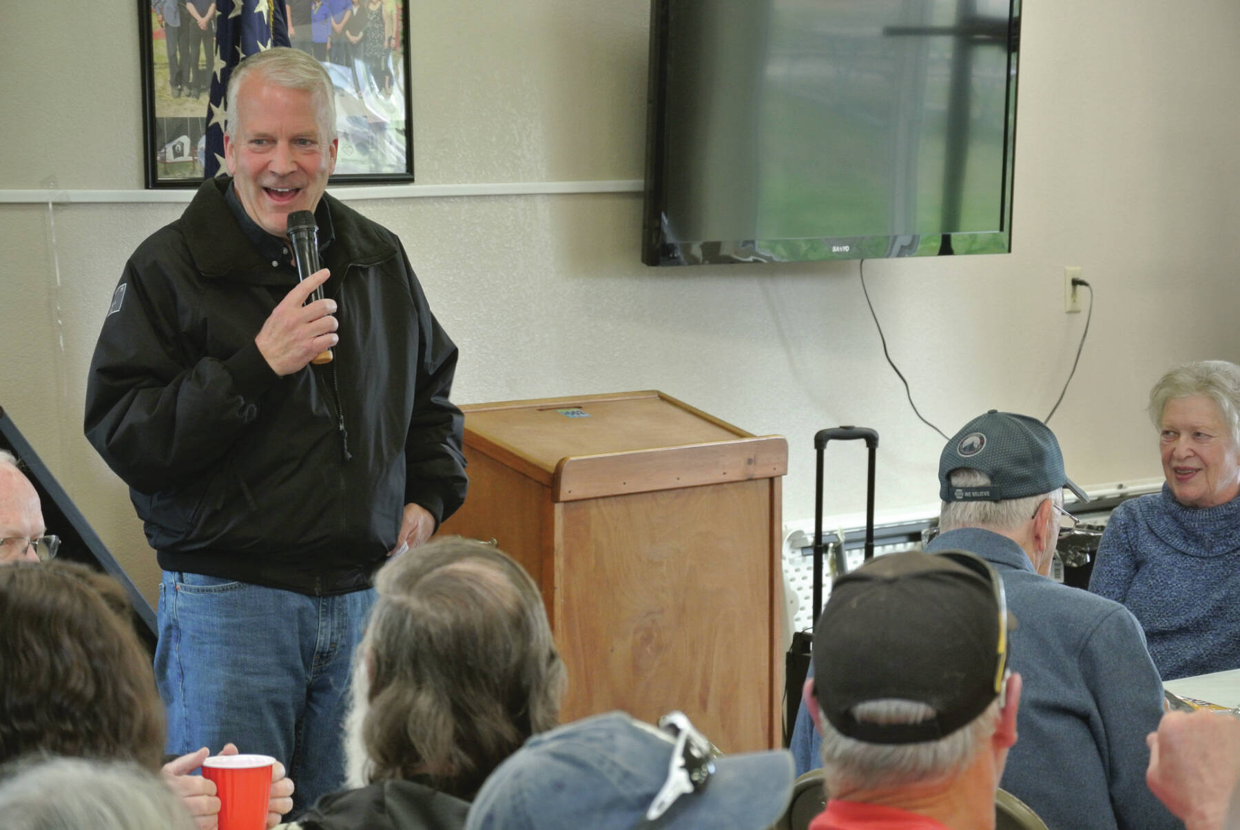U.S. Senator Dan Sullivan, R-Alaska, speaks to Anchor Point residents during a community meeting held at the Virl “Pa” Haga VFW Post 10221 on Friday, May 30, in Anchor Point. (Delcenia Cosman/Homer News)