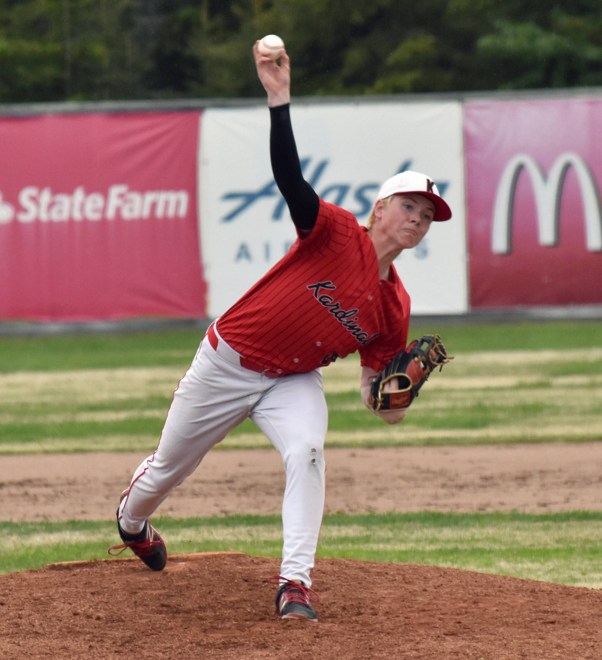 Kenai Central’s Everett Chamberlain pitched to North Pole at the Division II state baseball tournament at Coral Seymour Memorial Park in Kenai, Alaska, on Friday, June 6, 2025. (Photo by Jeff Helminiak/Peninsula Clarion)