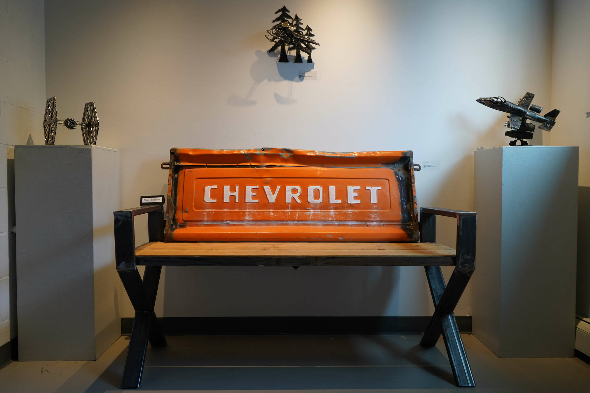 Metal art by David Morris is showcased in “Steel Sentiments” at the Kenai Art Center in Kenai, Alaska, on Wednesday, June 11, 2025. (Jake Dye/Peninsula Clarion)