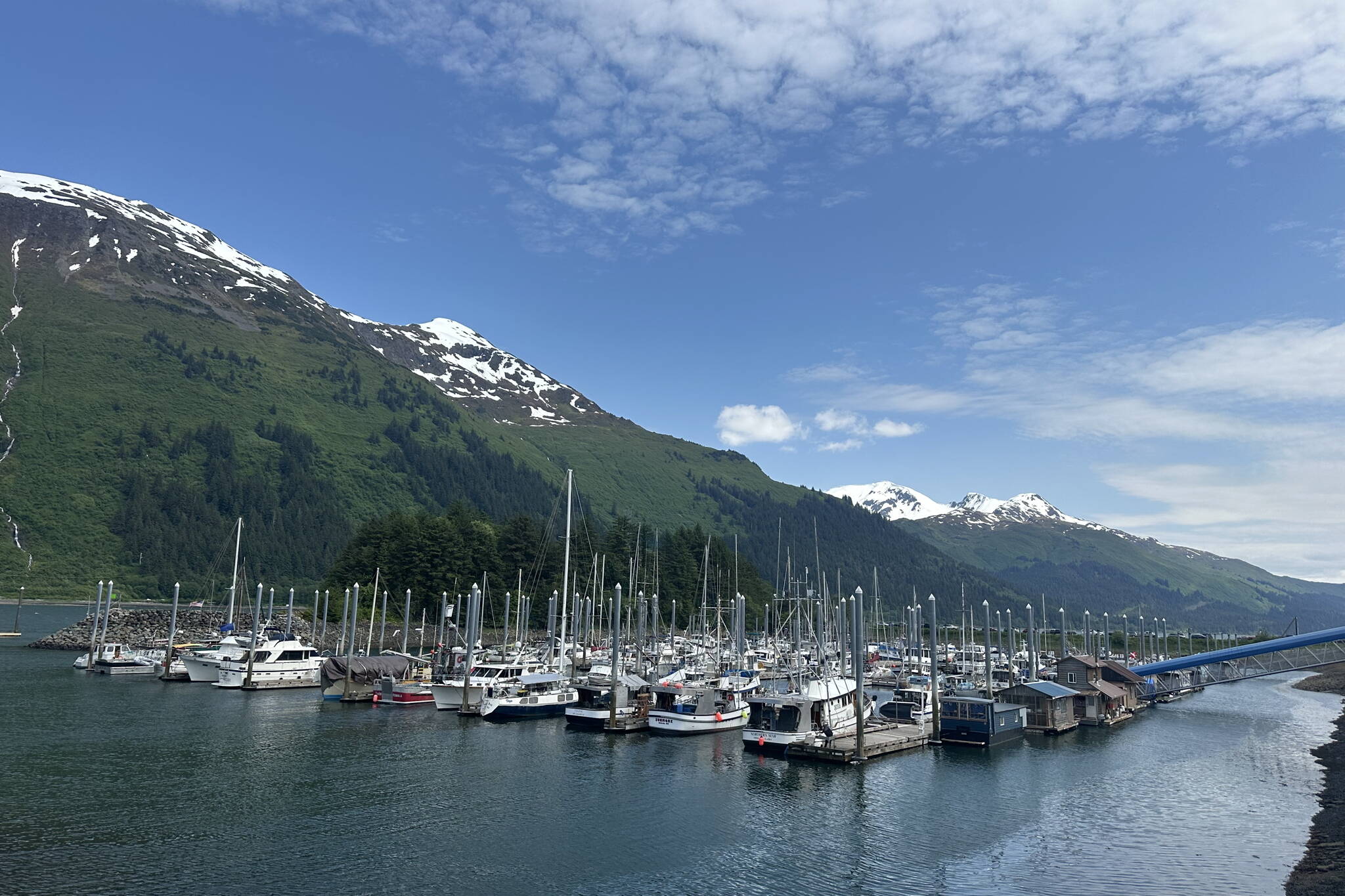 Boats at Douglas Harbor under mostly clear skies on Sunday, June 15, 2025. (Mark Sabbatini / Juneau Empire)