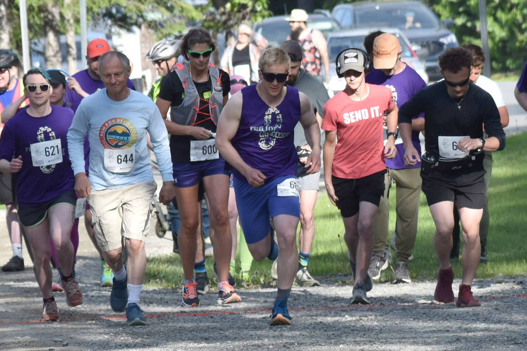 The 10-mile race begins at the Run for the River on Saturday, June 14, 2025, in Soldotna, Alaska. (Photo by Jeff Helminiak/Peninsula Clarion)