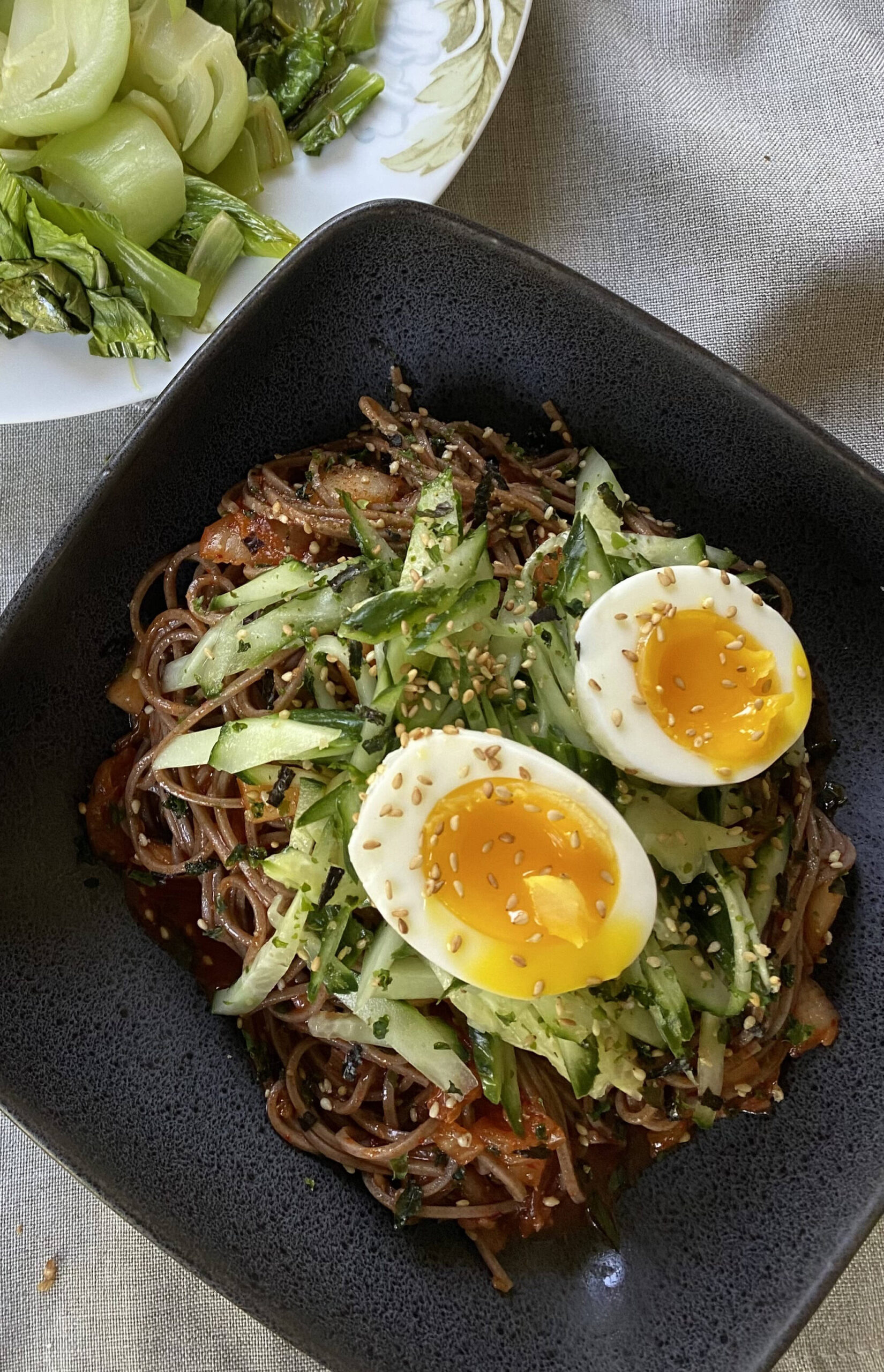 “Bibim guksu” or “mixed noodles” are traditionally served with a thin wheat flour noodle called somyeon (somen). (Photo by Tressa Dale/Peninsula Clarion)