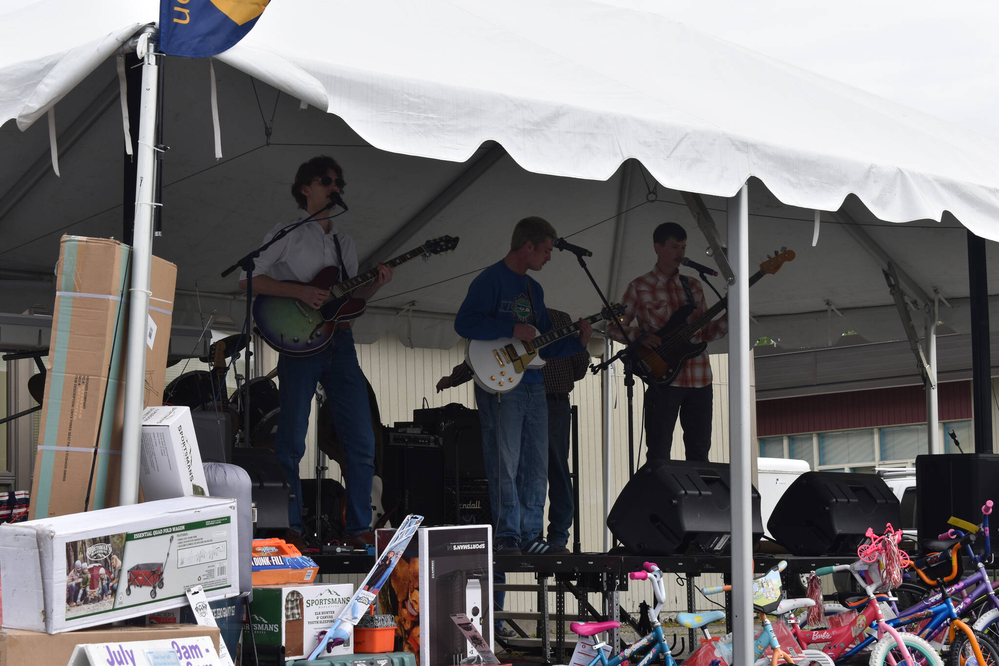 A band performs during the Family Fun in the Midnight Sun festival at the North Peninsula Recreation Center in Nikiski, Alaska, on June 21, 2025. (Photo by Jonas Oyoumick/Peninsula Clarion)