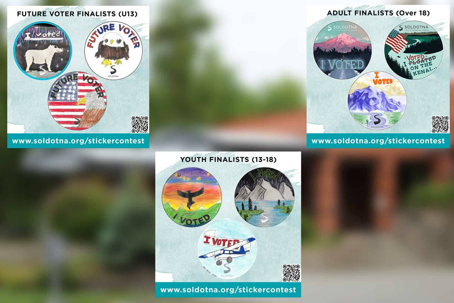 Graphics show the nine finalists in three age groups for the Soldotna “I Voted” sticker design contest. (Provided by City of Soldotna)