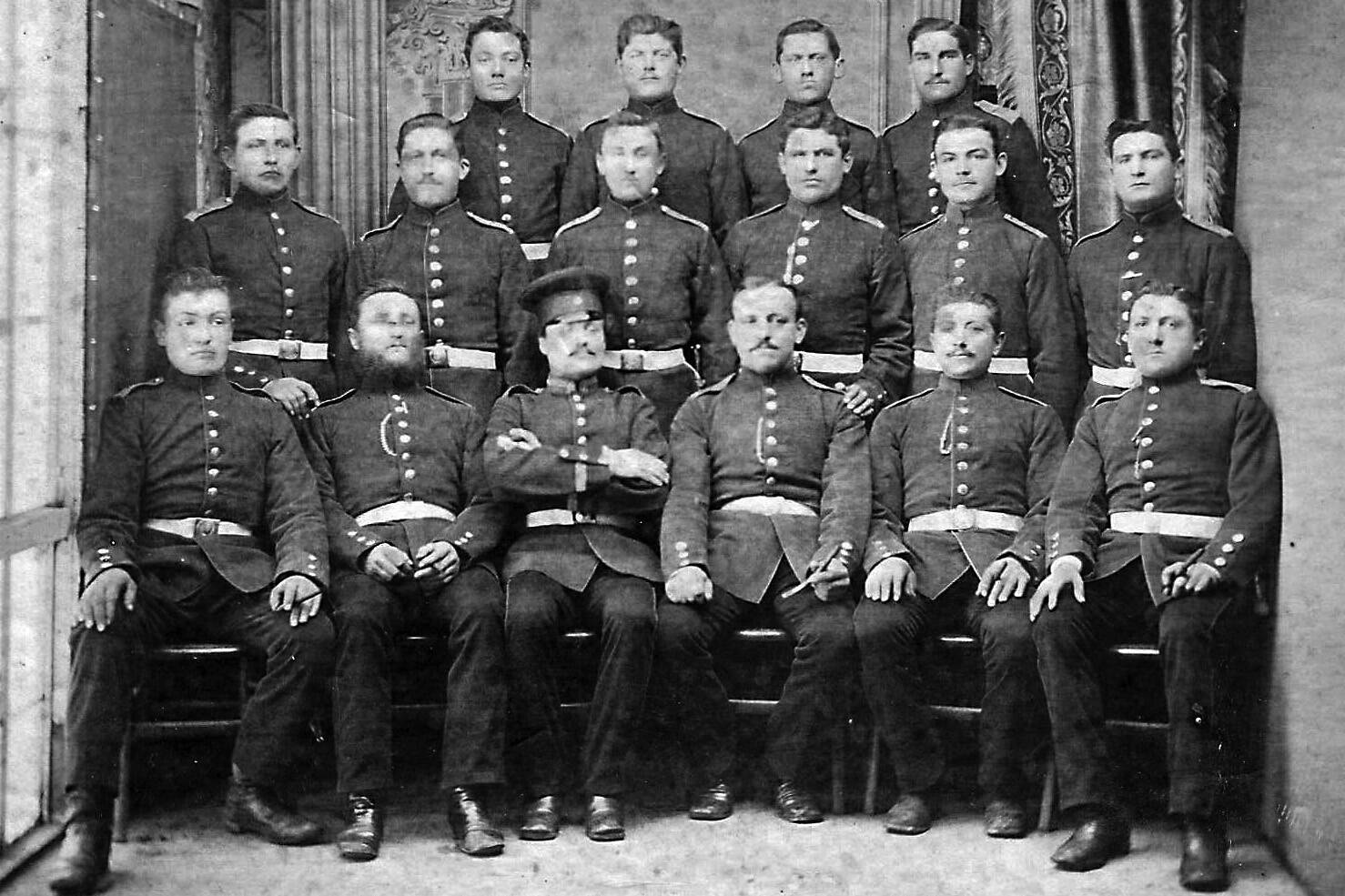 Photo courtesy of the Melchior Family Collection
Between 1879 and 1892, Stephan Melchior (far left, middle row) performed his mandatory Prussian military service. He was a member of the Eighth Rhineland Infantry Regiment No. 70 in Trier, Germany.